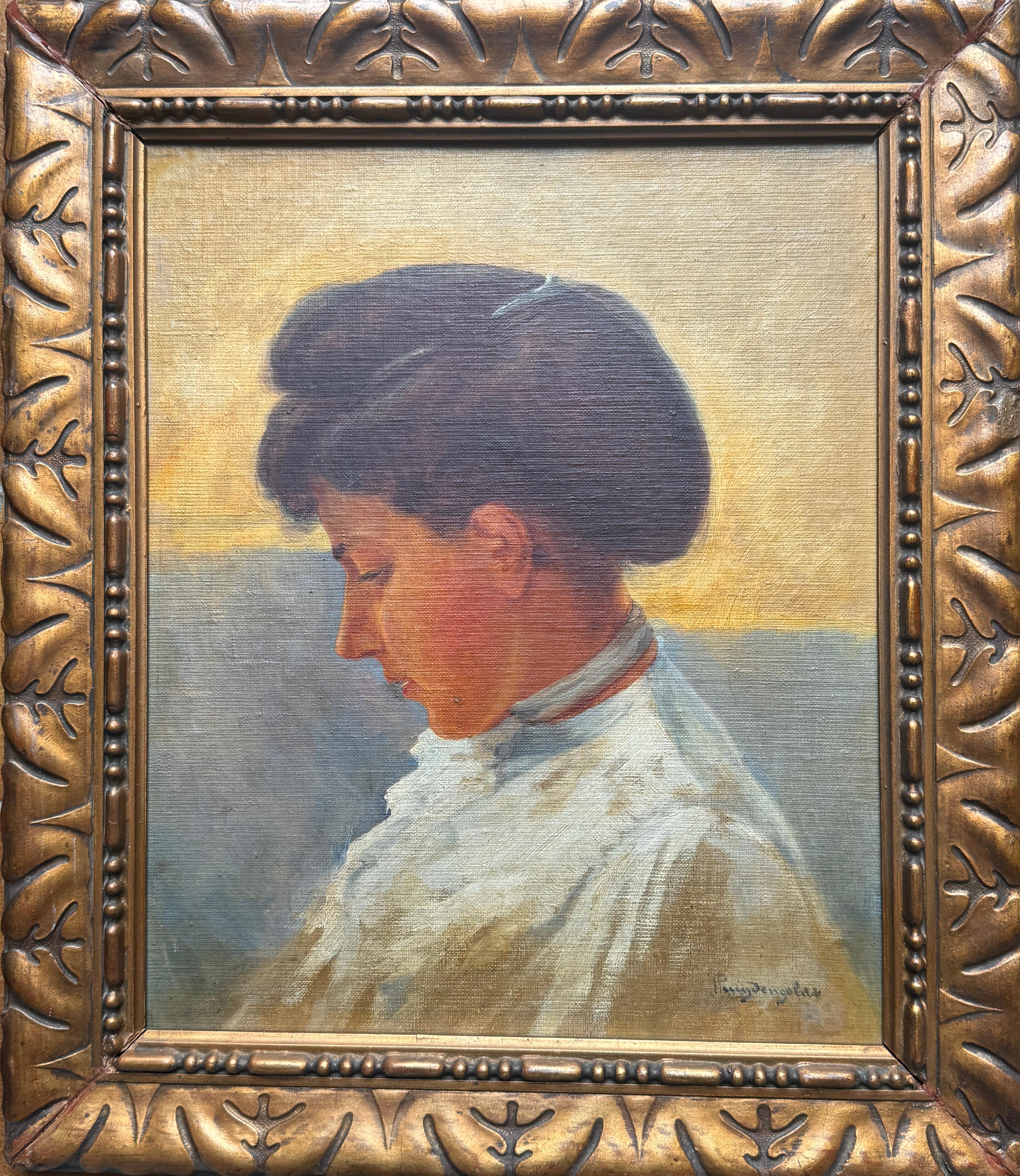 Profile of a Woman in White Blouse, peinture à l'huile sur carton - Painting de Josep Puigdengolas