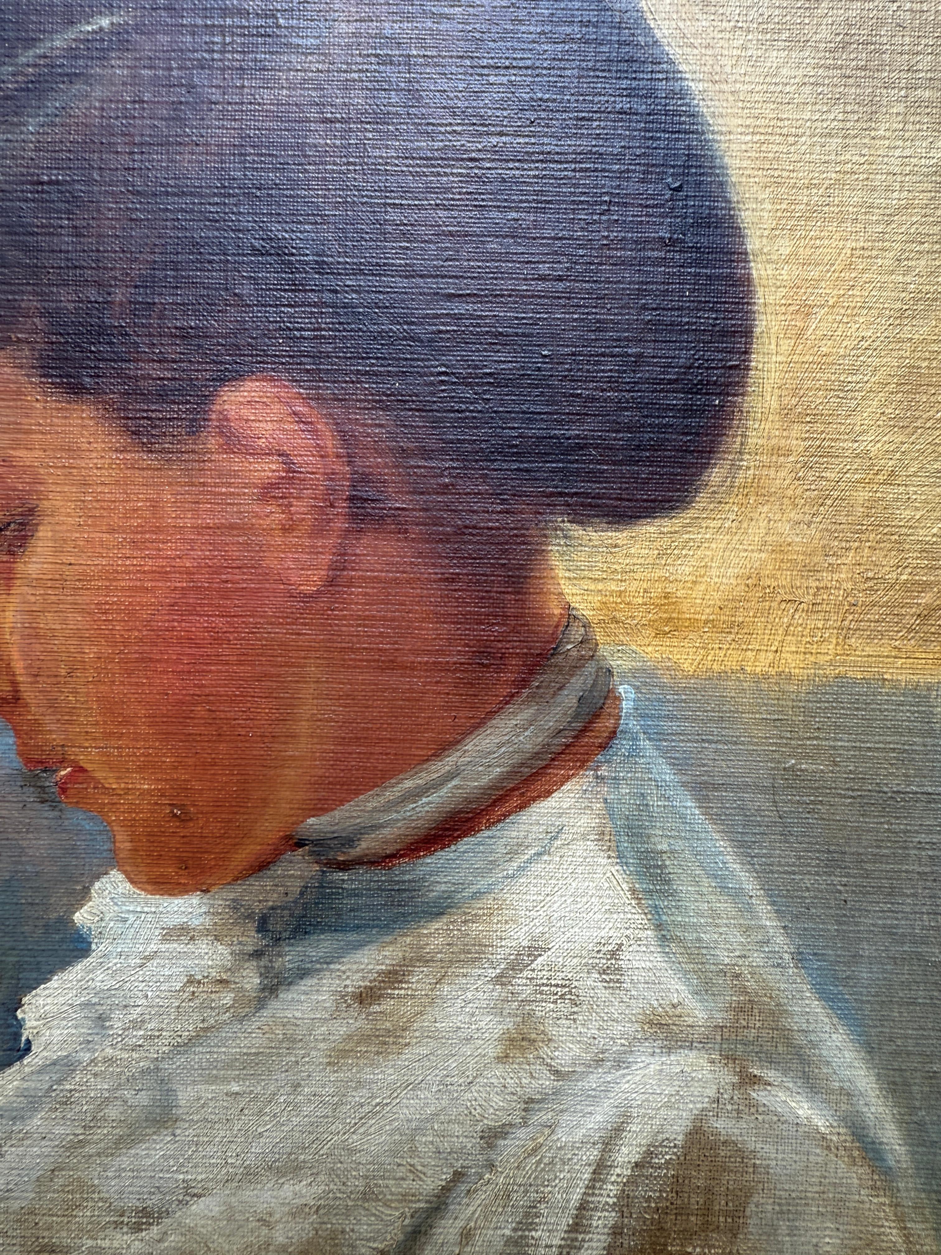 Profile of a Woman in White Blouse, peinture à l'huile sur carton - Marron Portrait Painting par Josep Puigdengolas