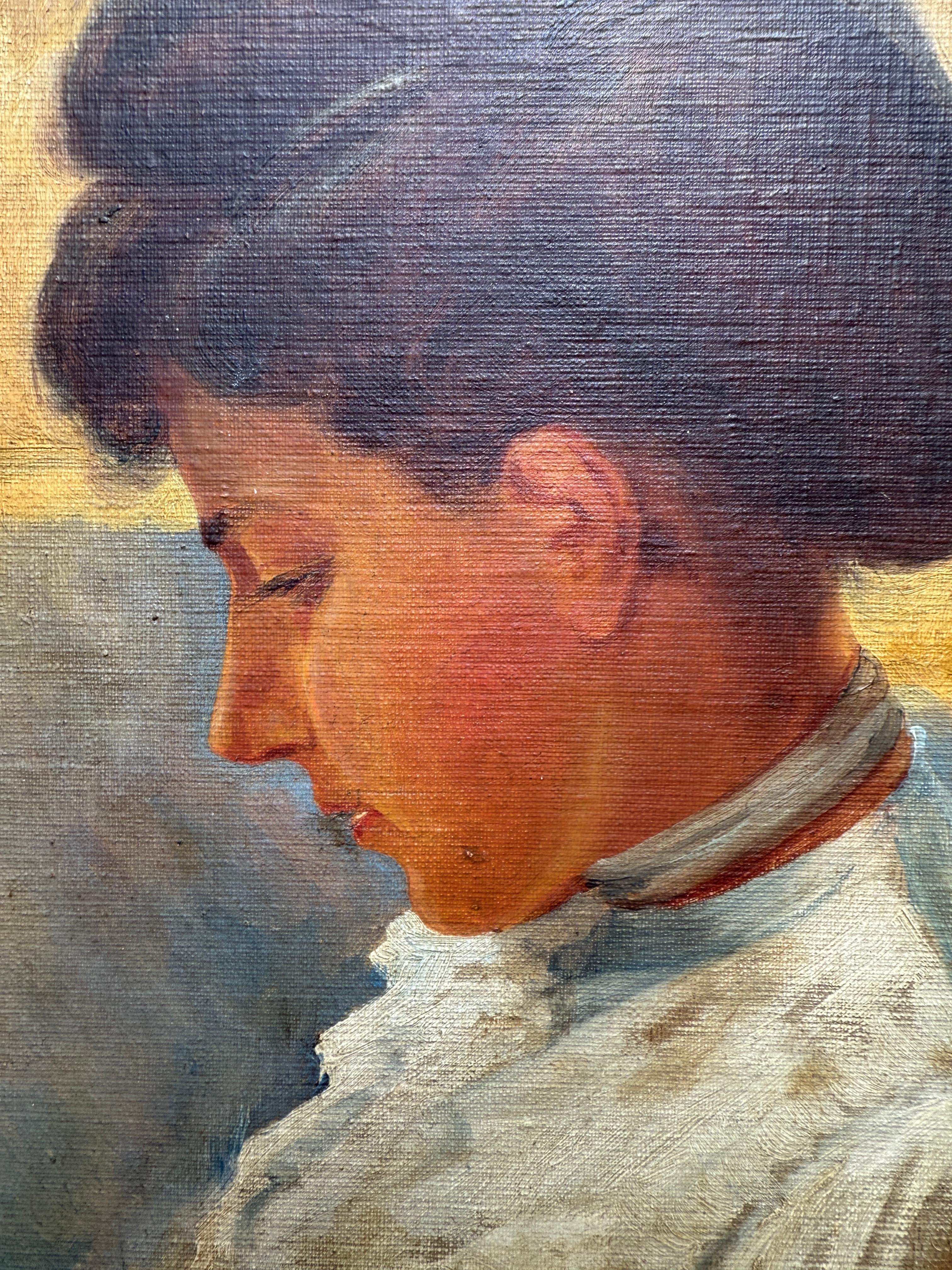 Titre : A.Profiles d'une femme en chemisier blanc

Artistics : Josep Puigdengolas Barella (Barcelone, 1906 - 1987)

Technique : Huile sur panneau

Dimensions : 13 x 10.6 in

Dimensions encadrées : 16.5 x 14.2 in

Signature : Signé en bas à