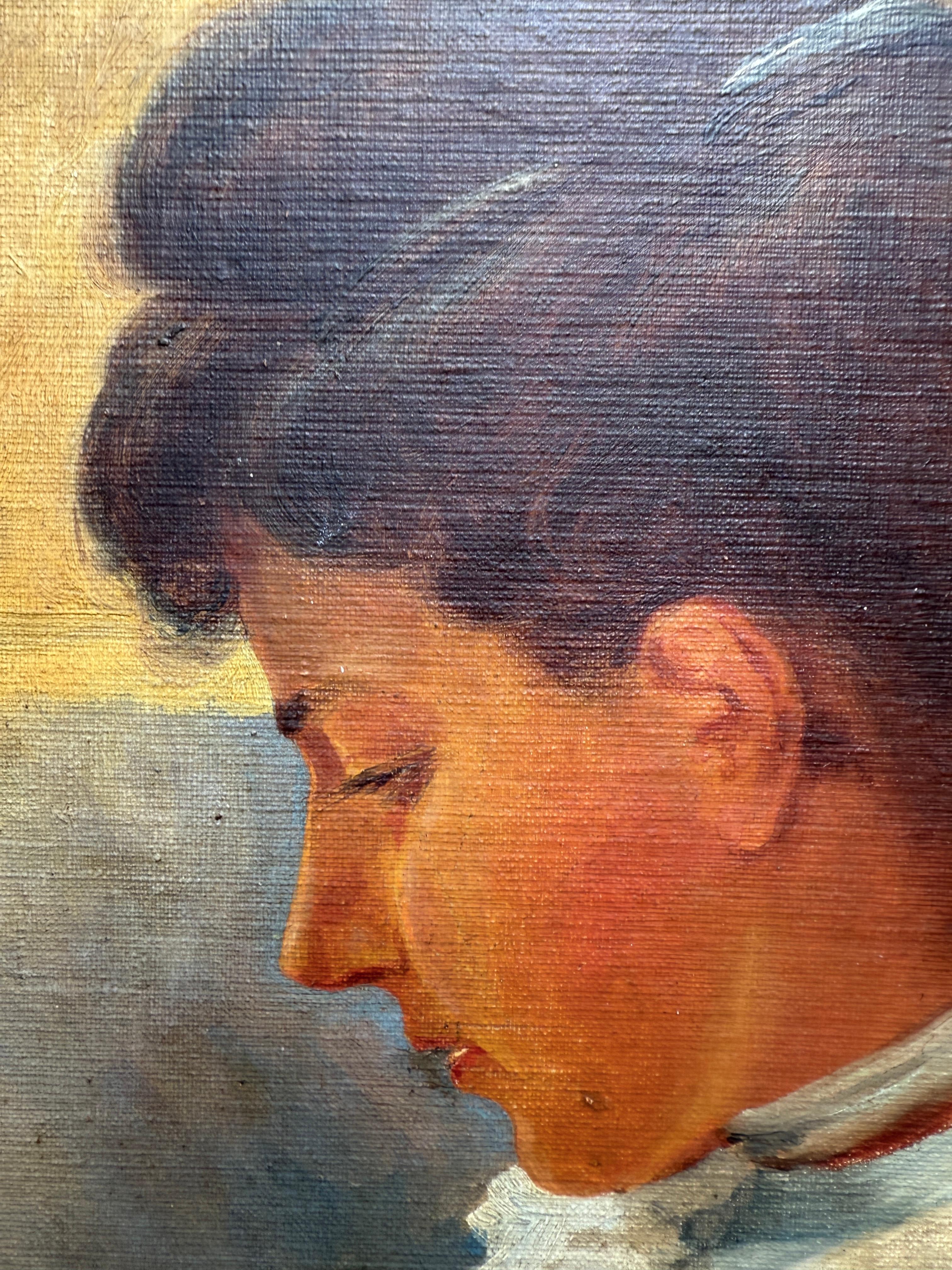 Profile of a Woman in White Blouse, peinture à l'huile sur carton en vente 1