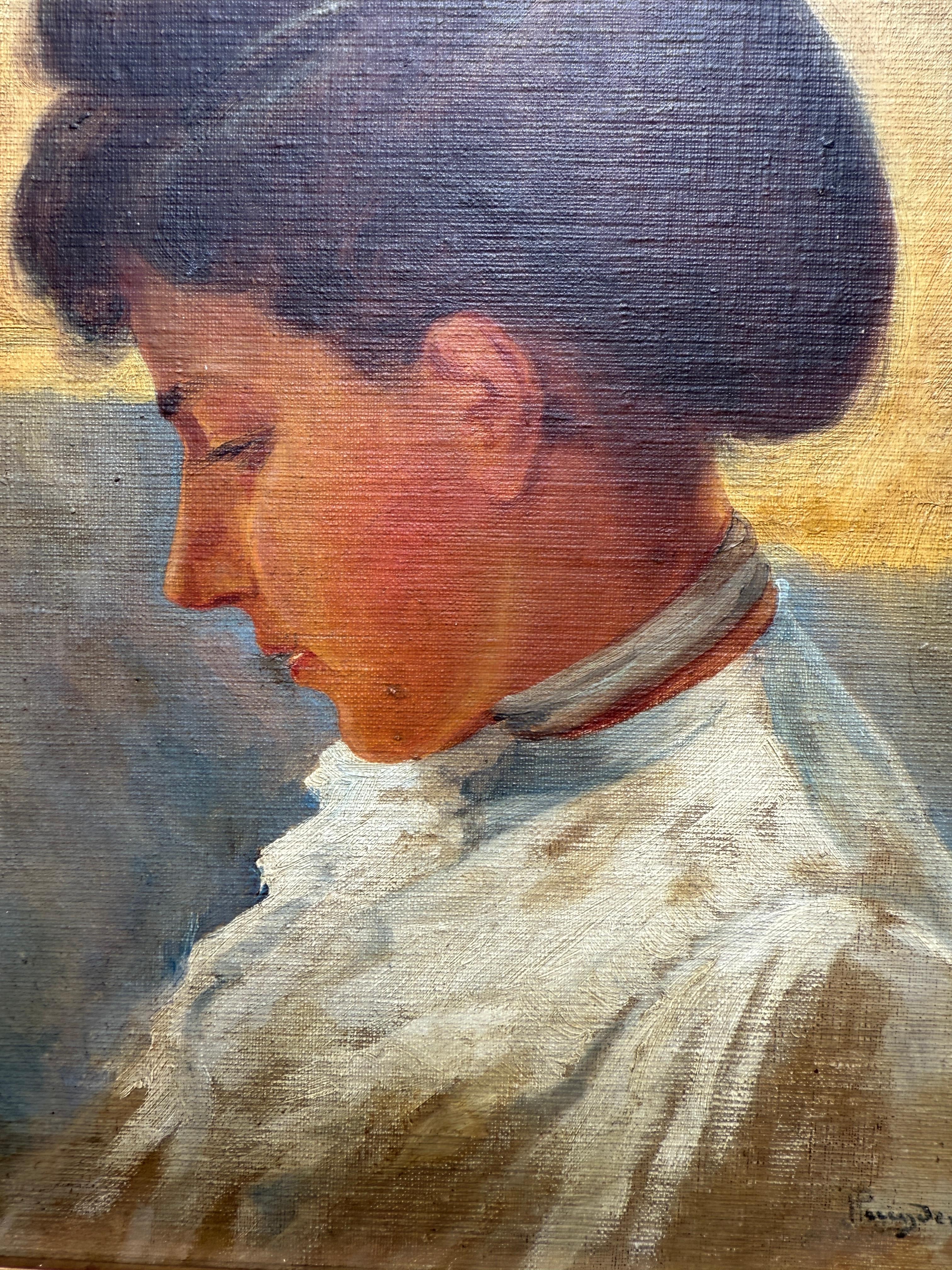 Profile of a Woman in White Blouse, peinture à l'huile sur carton en vente 2