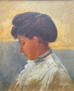 Perfil de mujer con blusa blanca pintura al óleo sobre tabla