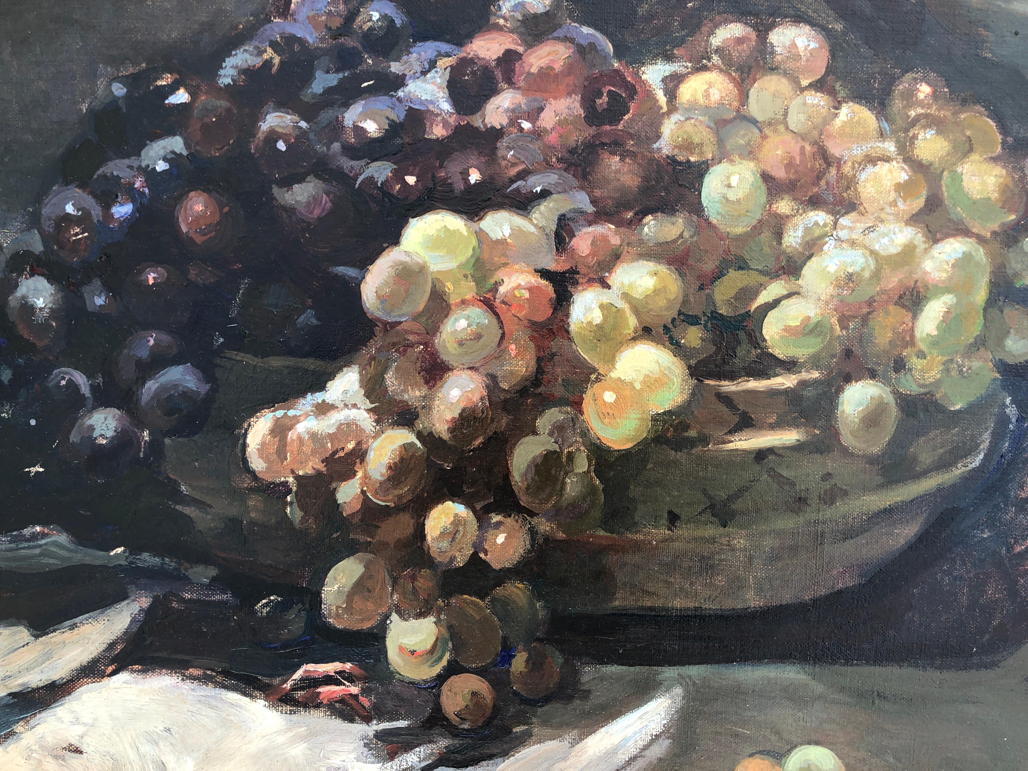 Nature morte aux cailles et aux fruits huile sur toile - Post-impressionnisme Painting par Josep Puigdengolas