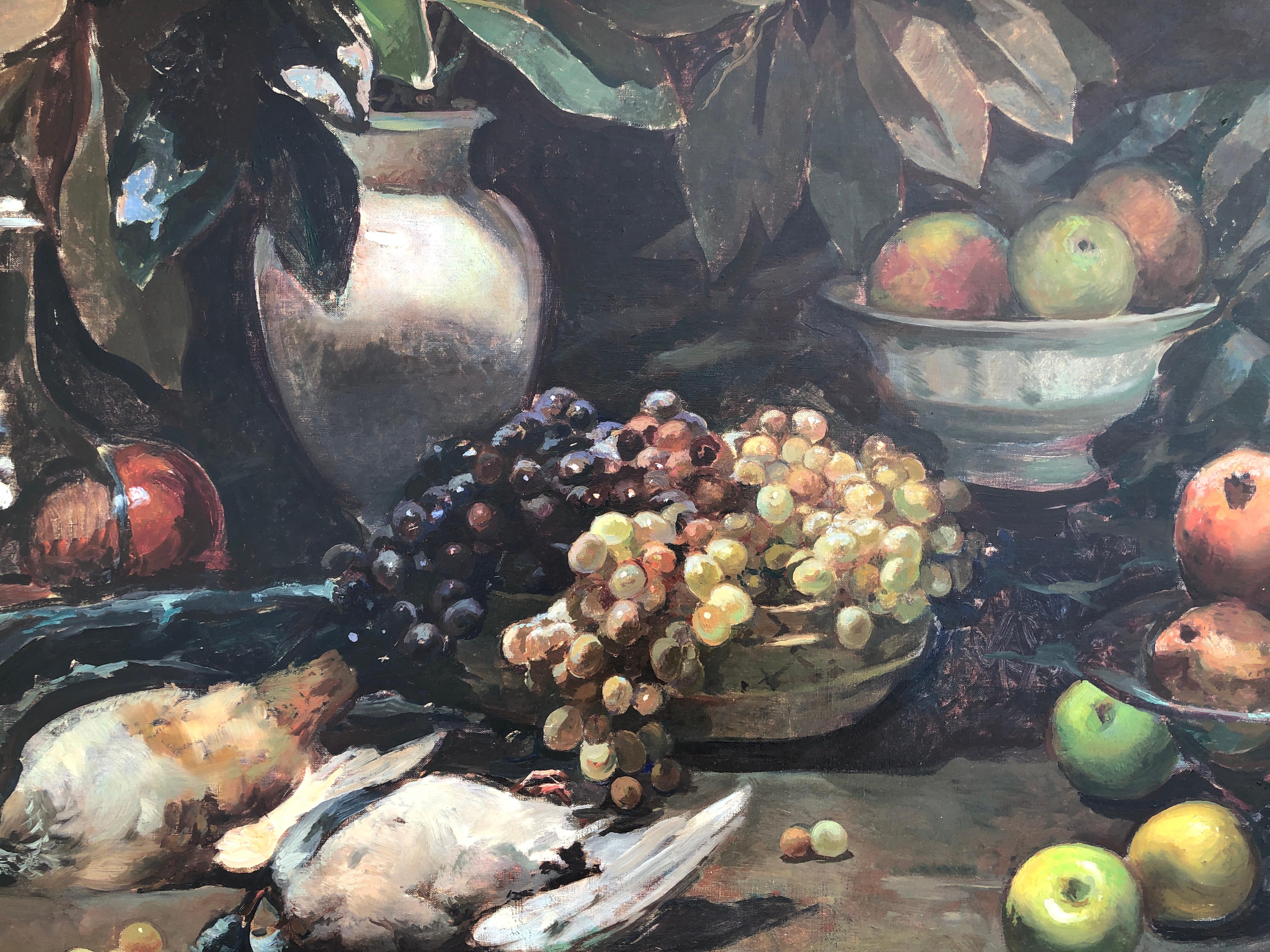 Still life of quail and fruit oil on canvas painting - Black Still-Life Painting by Josep Puigdengolas