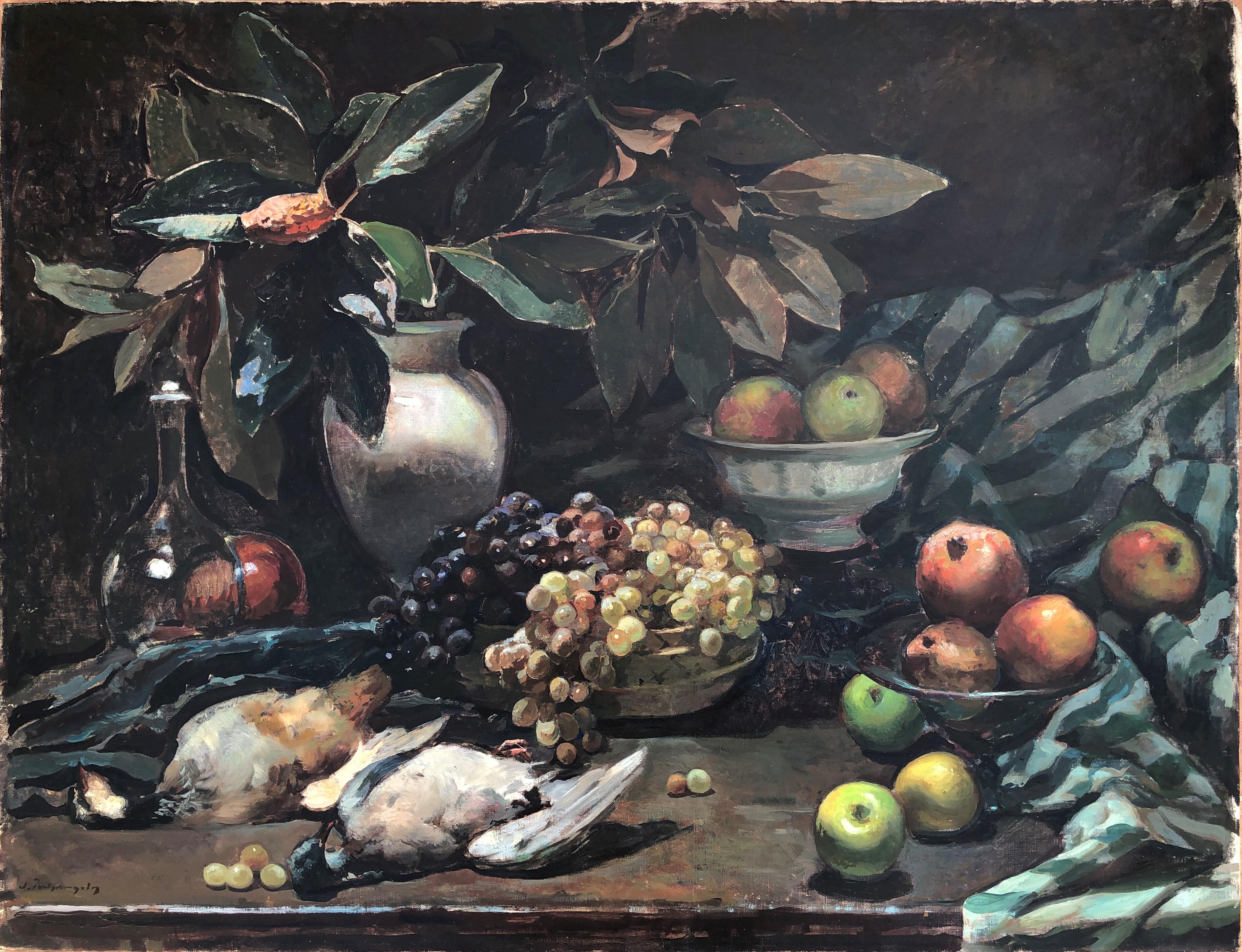 Still life of quail and fruit oil on canvas painting