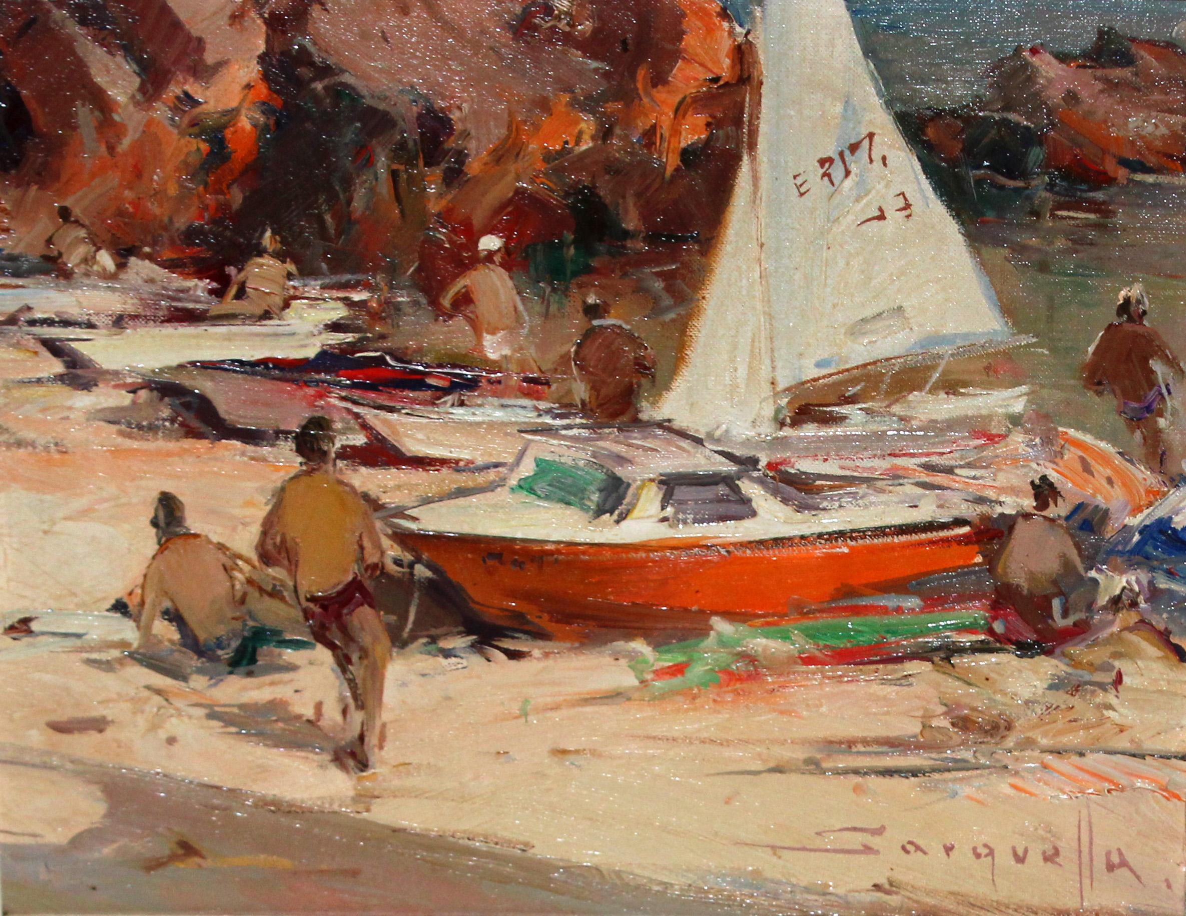 Jornada veraniega junto al mar - Óleo sobre tela - Painting by Josep Sarquella Escobet