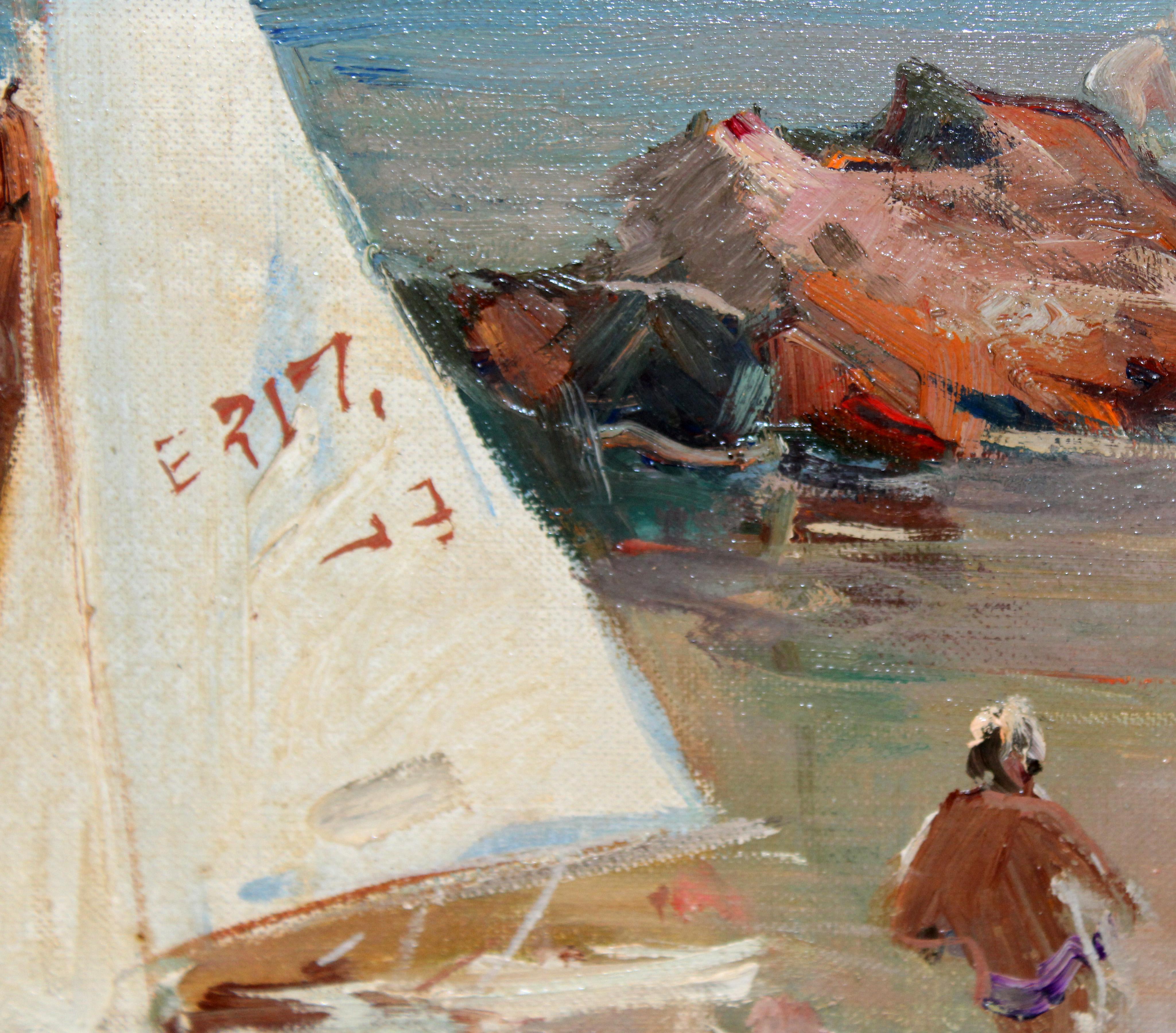 Jornada veraniega junto al mar - Óleo sobre tela - Brown Landscape Painting by Josep Sarquella Escobet