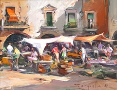 Mediterranean Village Market Scene Costa Brava Street Market Painting Oil canvas