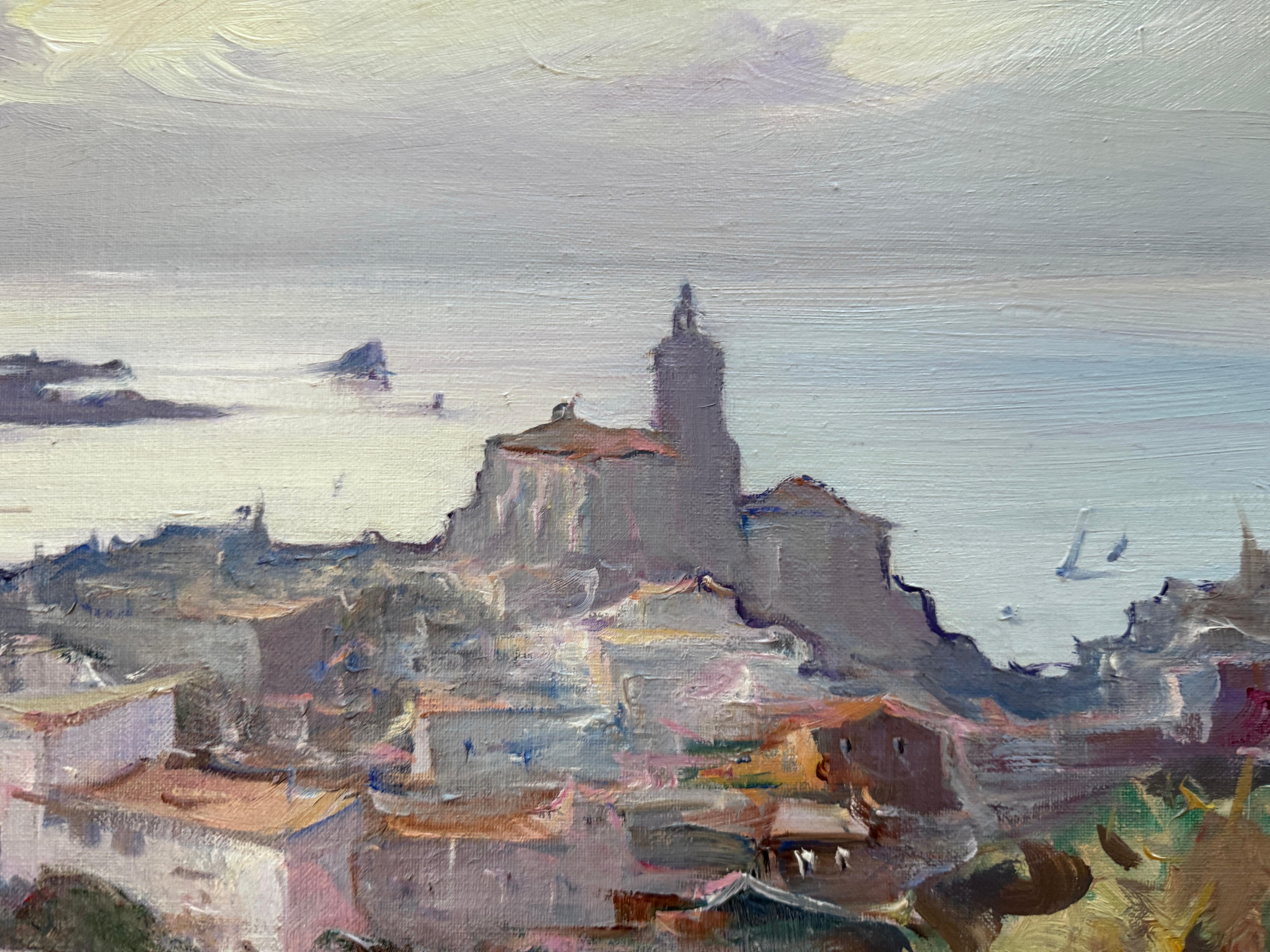 Cadaques Spanien Seestück mediterran spanisch Öl auf Leinwand (Grau), Landscape Painting, von Josep Sarquella