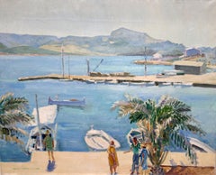 Vintage Óleo sobre tela - Vista portuaria