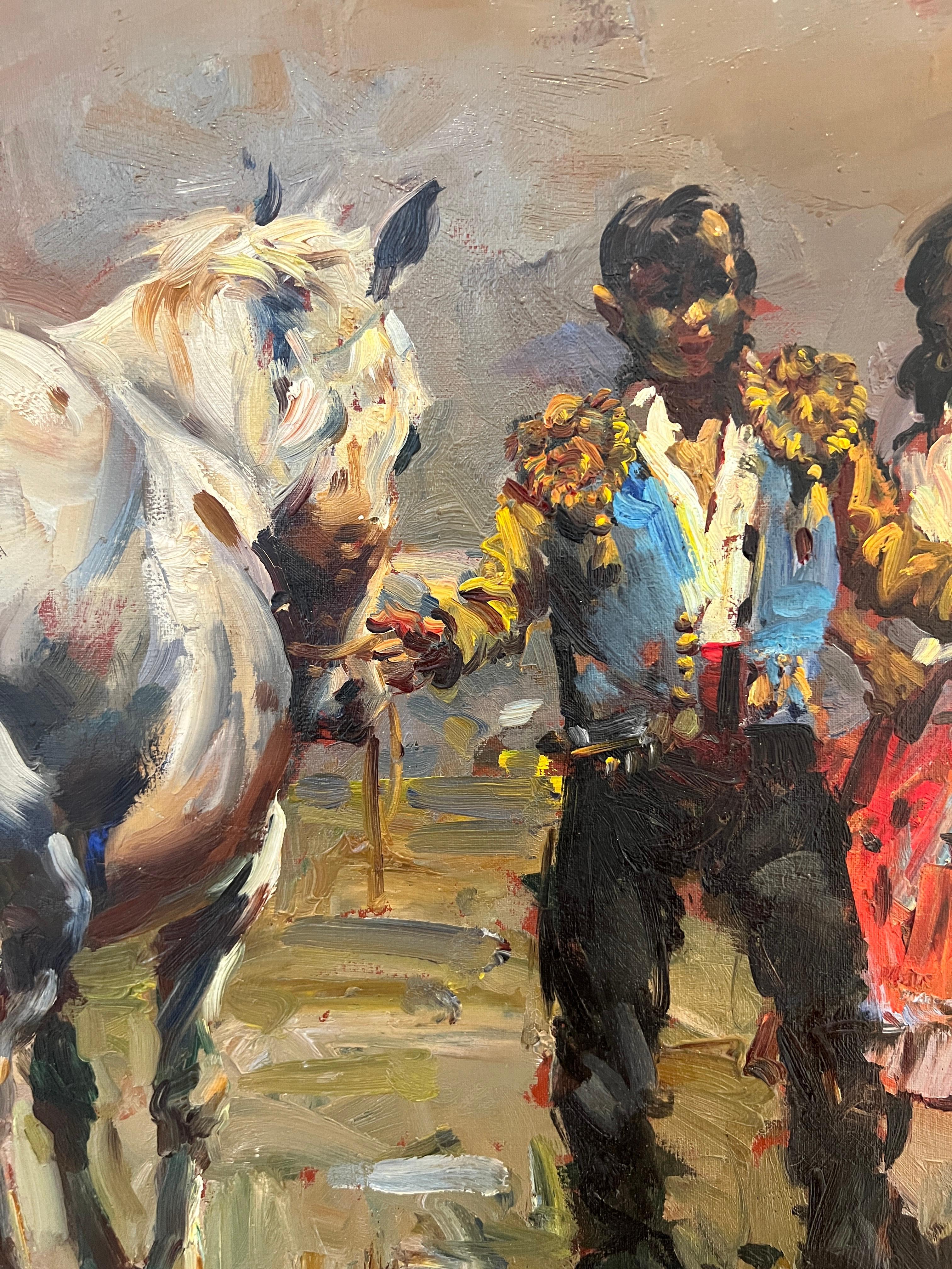 Gypsies in festive outfits - Black Landscape Painting by Josep Serra Santa Serranta