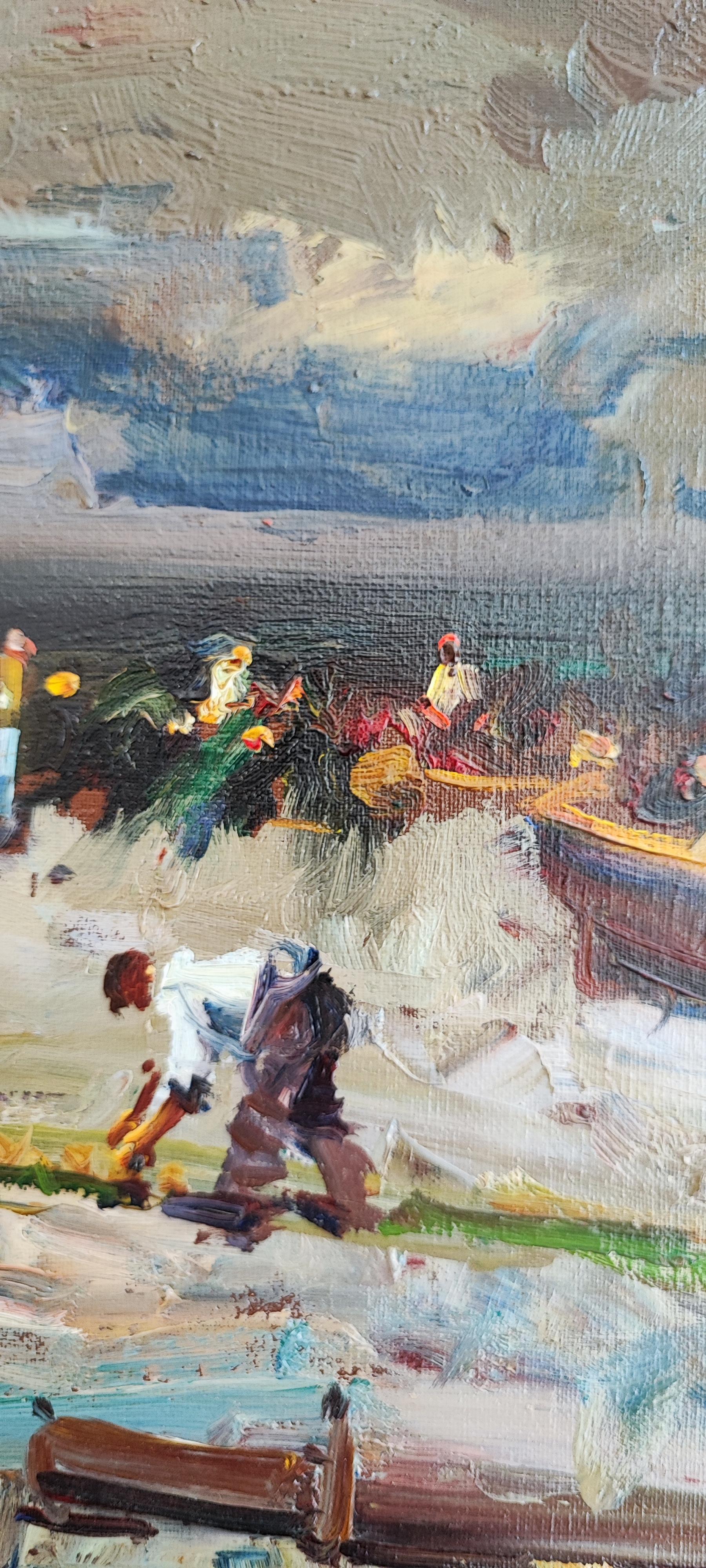 Return of fishermen and women shellfish collectors - Gray Landscape Painting by Josep Serra Santa Serranta
