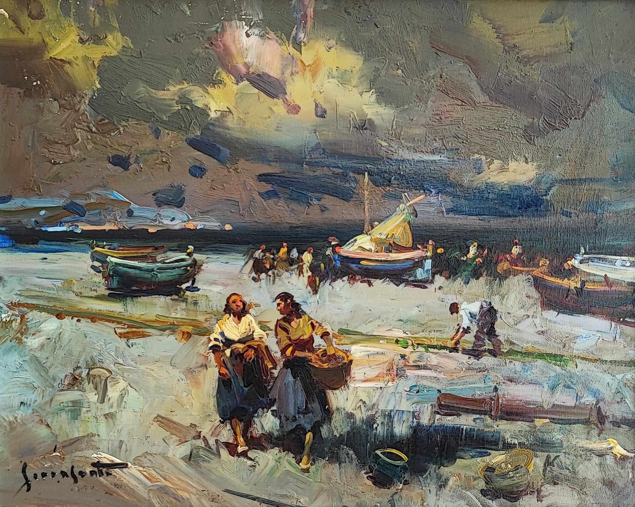 Josep Serra Santa Serranta Landscape Painting - Return of fishermen and women shellfish collectors