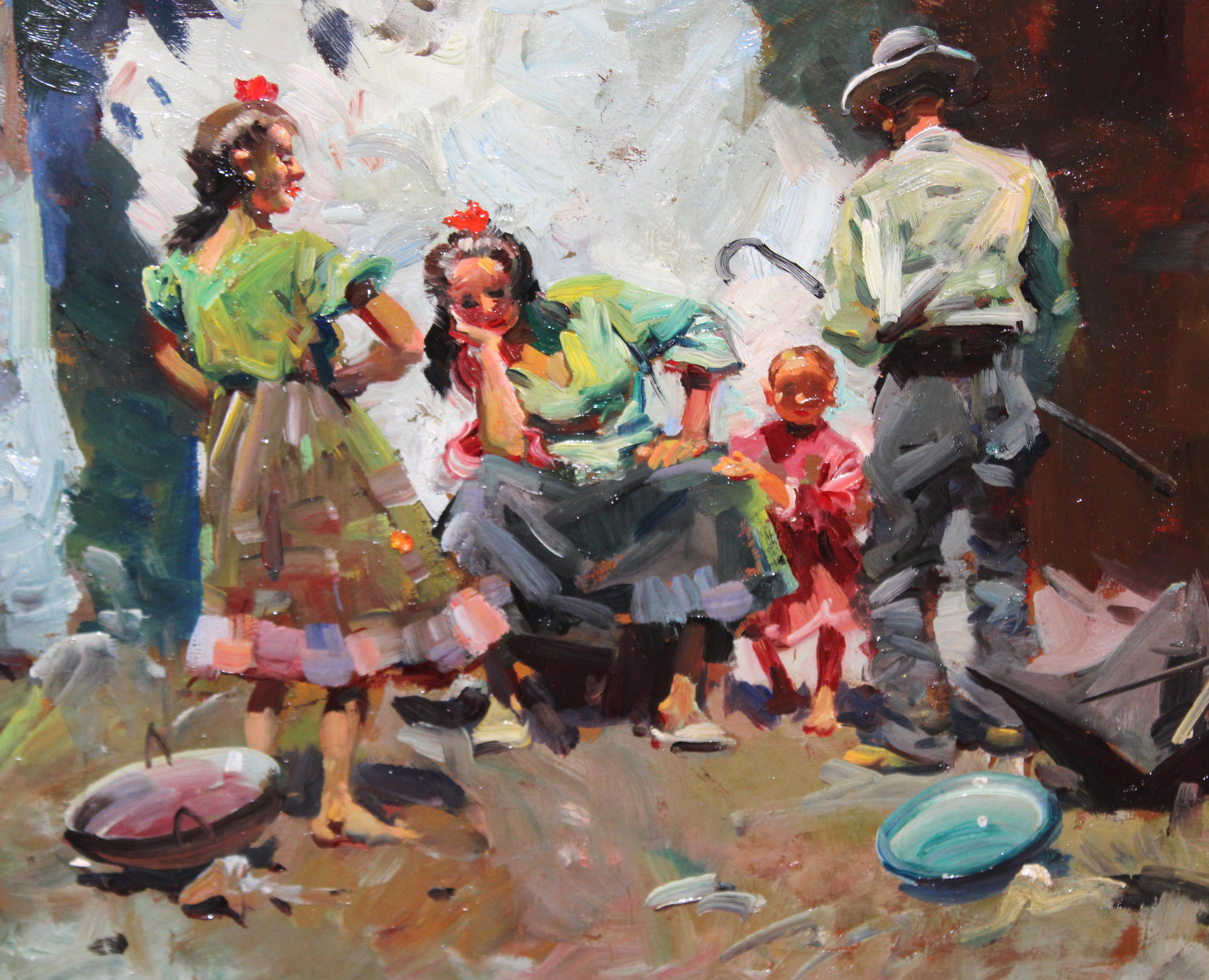 Óleo sobre tela - Escena costumbrista andaluza al aire libre - Post-Impressionist Painting by Josep Serrasanta