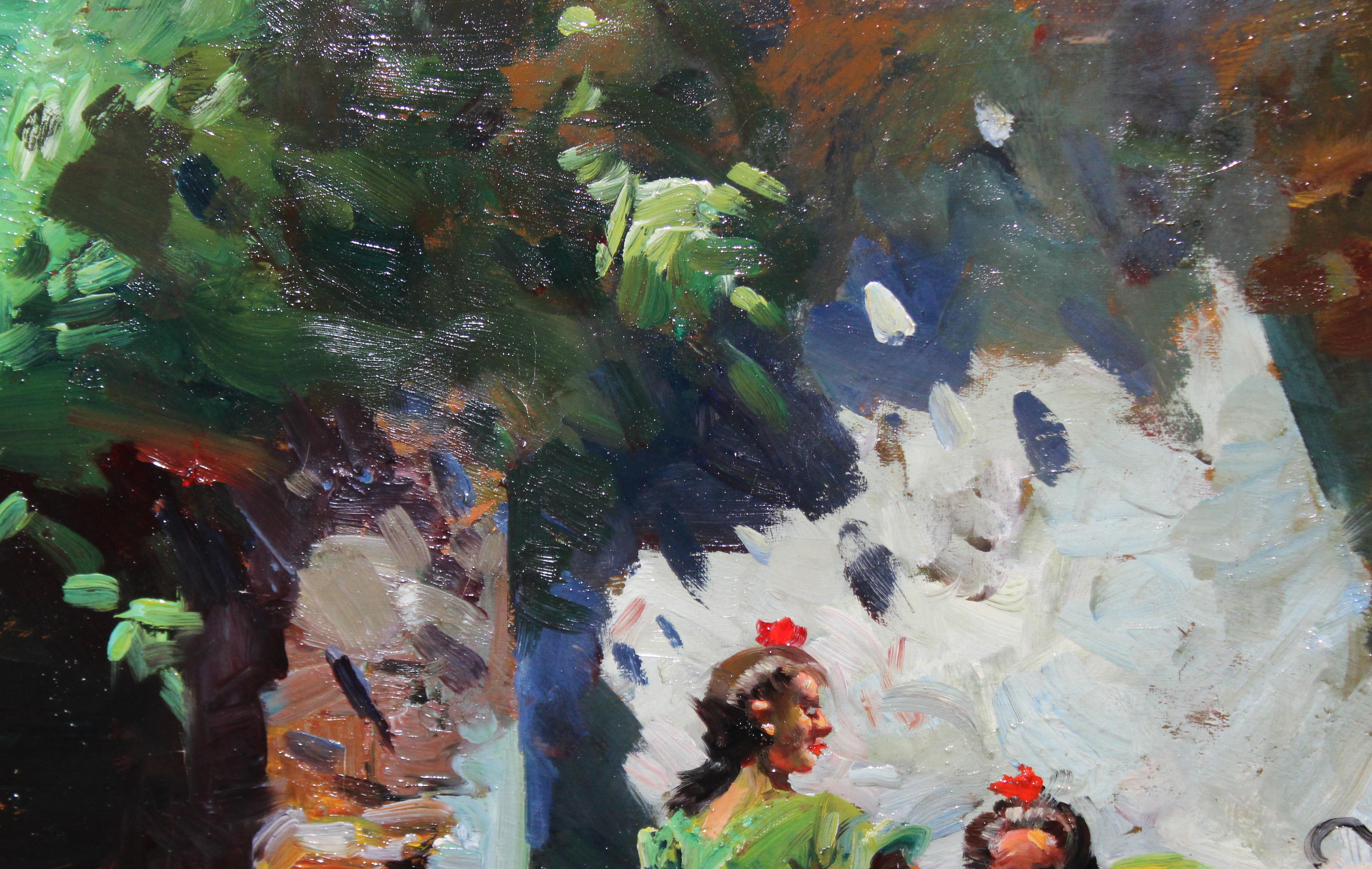 Óleo sobre tela - Escena costumbrista andaluza al aire libre - Brown Figurative Painting by Josep Serrasanta