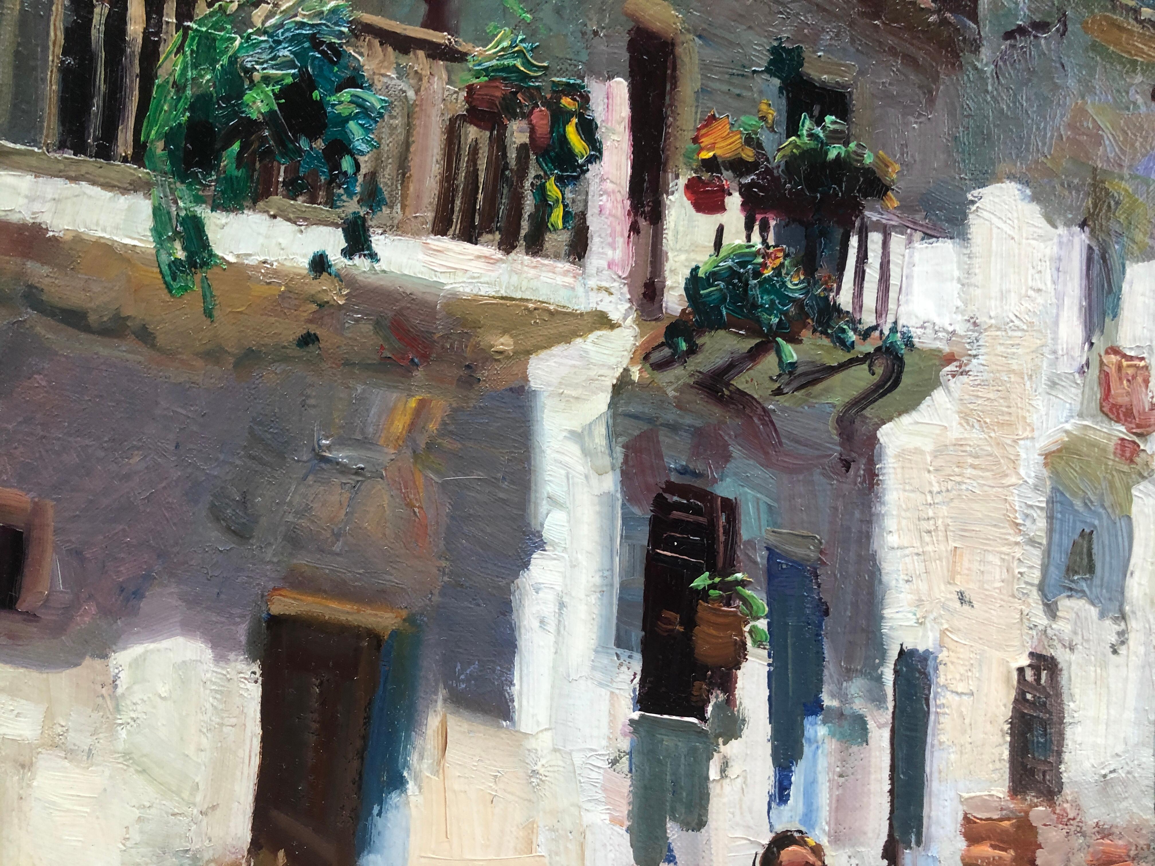 Città rurale spagnola, dipinto originale ad olio su tela - Landscape Painting Nero di Josep Serrasanta