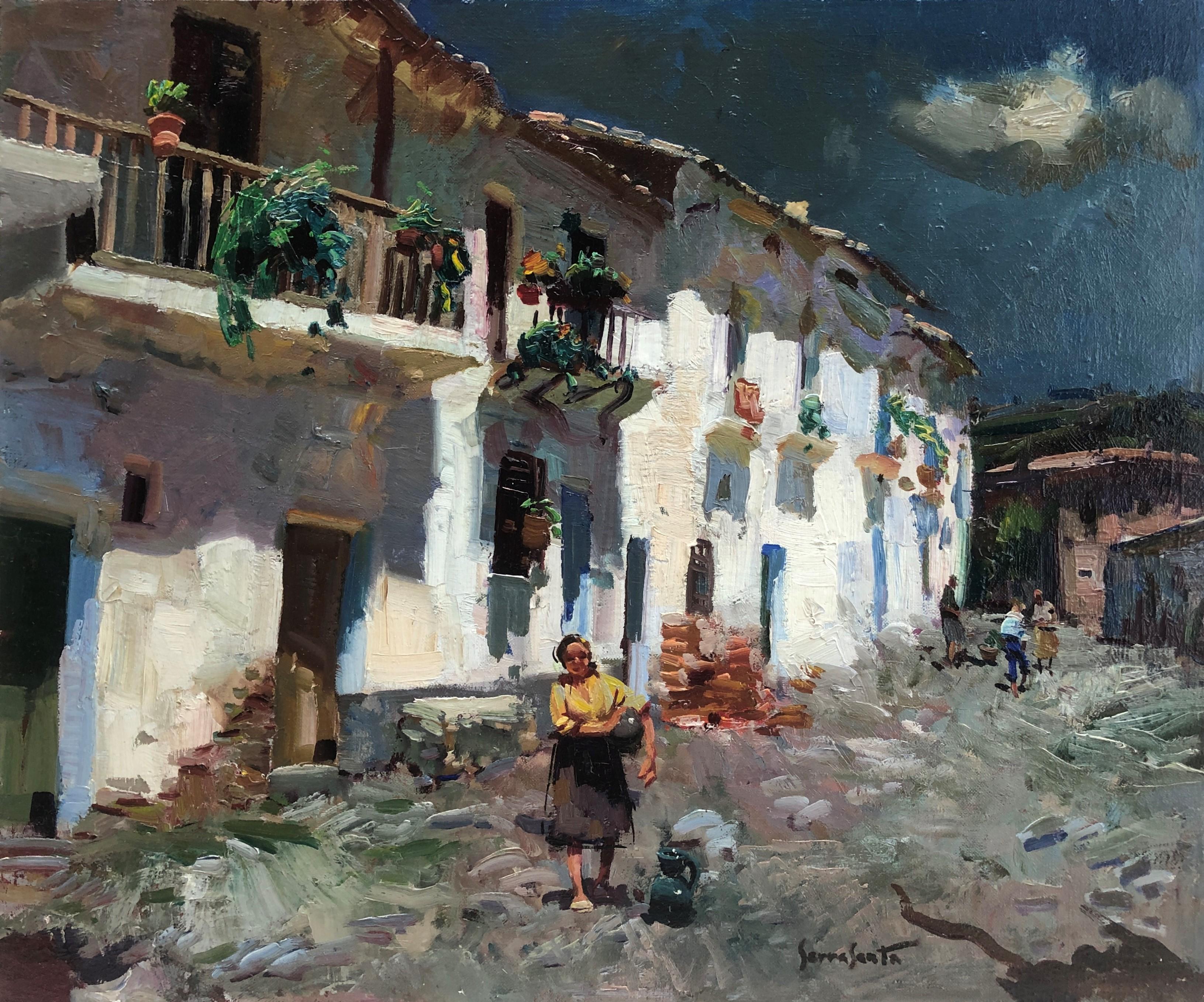 Landscape Painting Josep Serrasanta - Peinture à l'huile sur toile originale d'une ville rurale espagnole