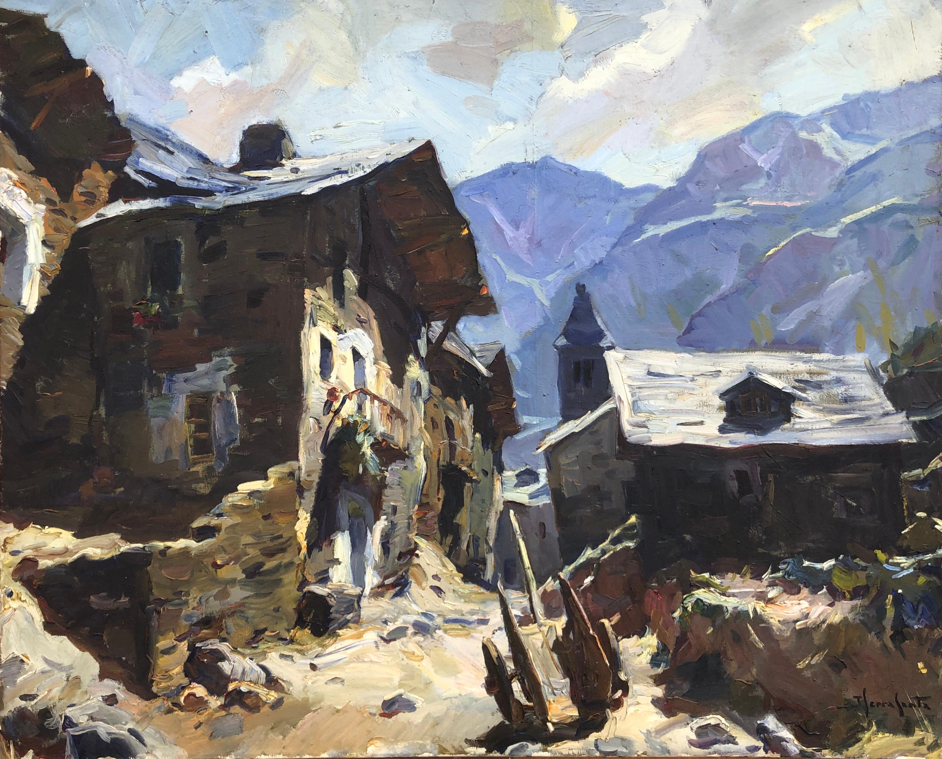 Josep Serrasanta Landscape Painting - Spanish rural town original oil on canvas painting Pyrenees