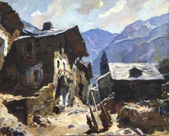 Spanish rural town original oil on canvas painting Pyrenees