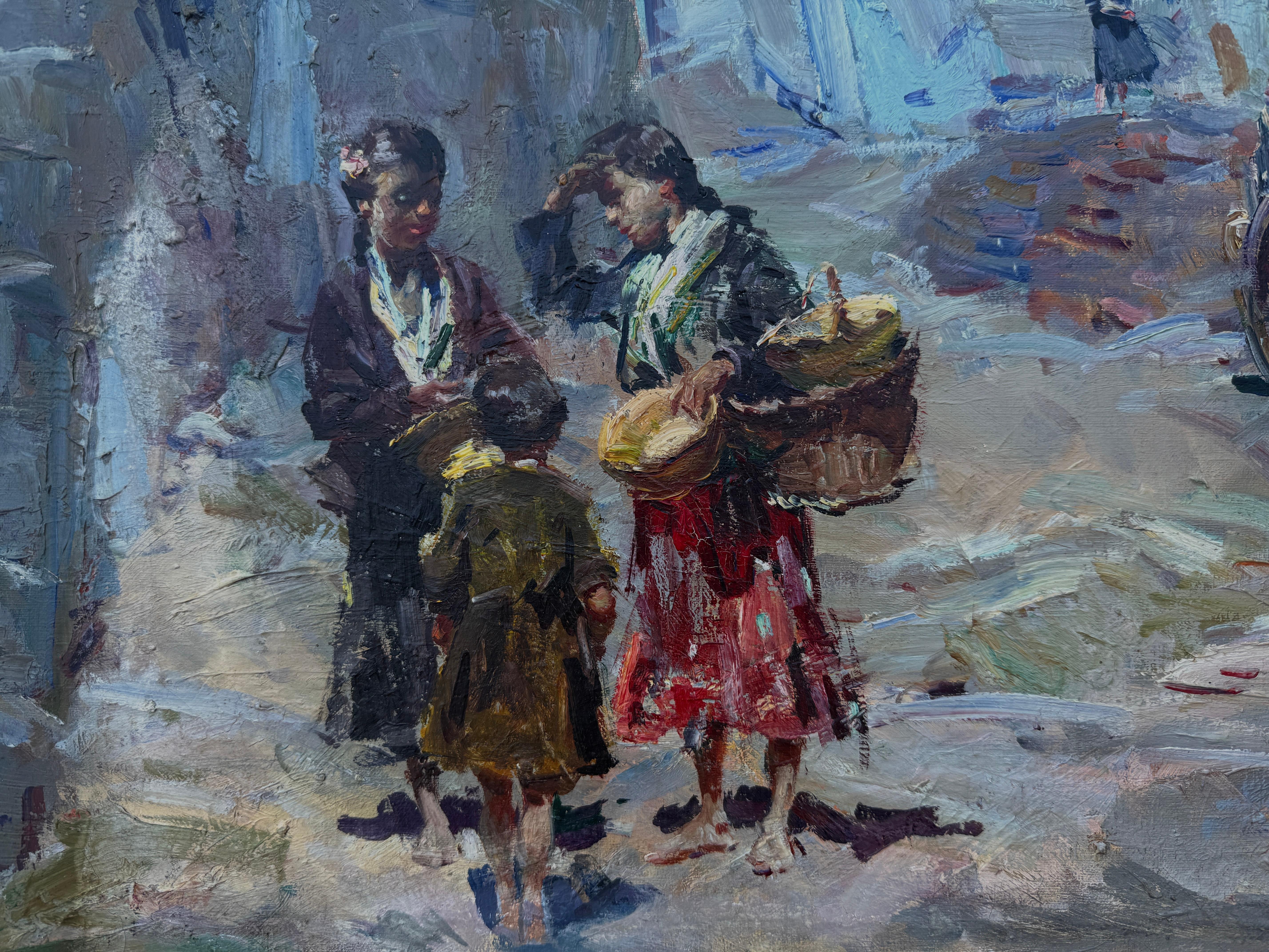 Straßenszene mit Figuren Öl auf Leinwand Gemälde spanische Landschaft (Post-Impressionismus), Painting, von Josep Serrasanta