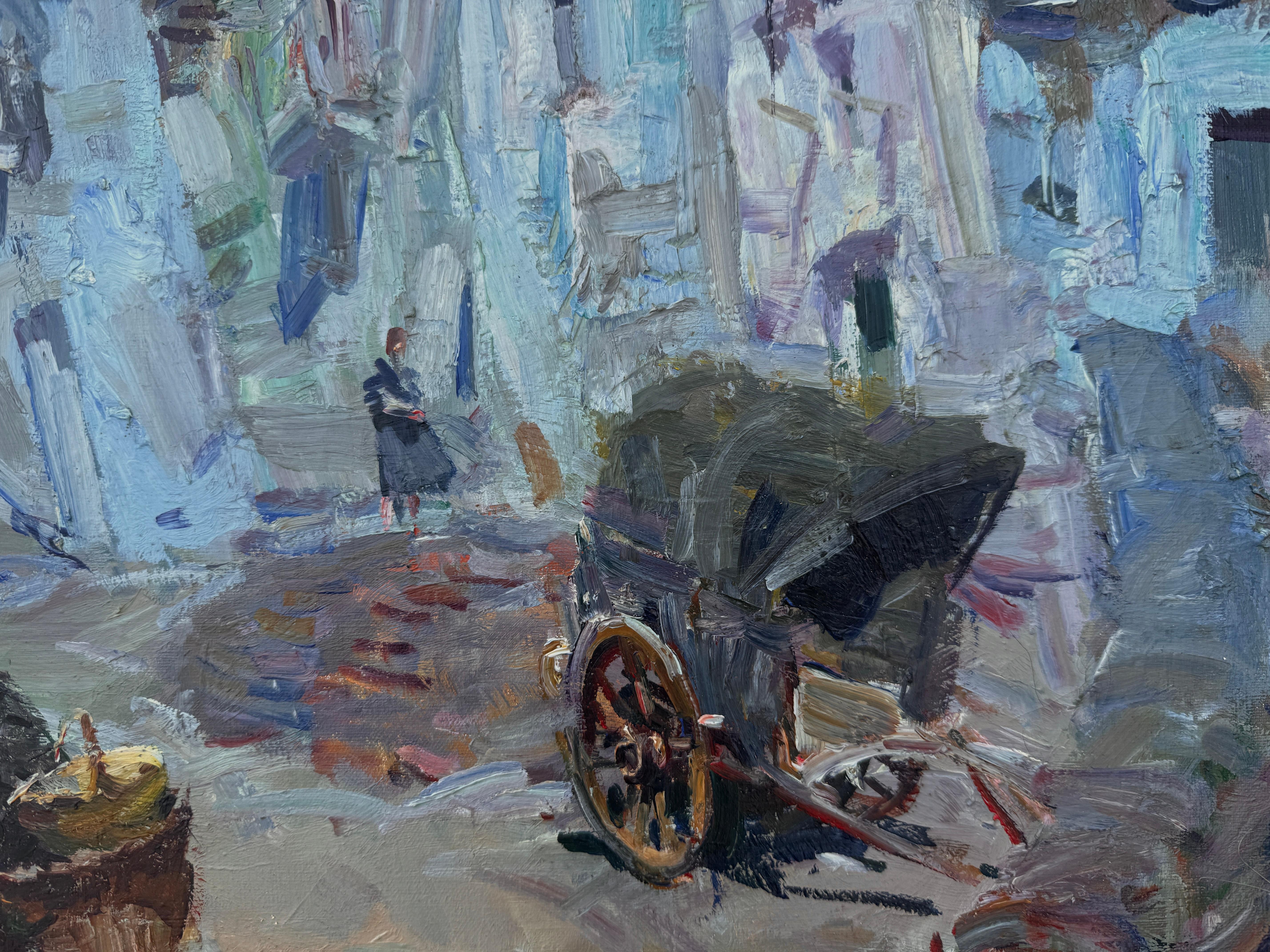 Title: Street Scene with Figures

Artist: Josep Serrasanta (Buenos Aires, 1916 – Valldoreix, 1998)

Medium: Oil on canvas

Dimensions: 81 × 100 cm (31.9 × 39.4 in)

Period: 1960s

Signature: Signed lower right: “J. Serrasanta”

Frame:
