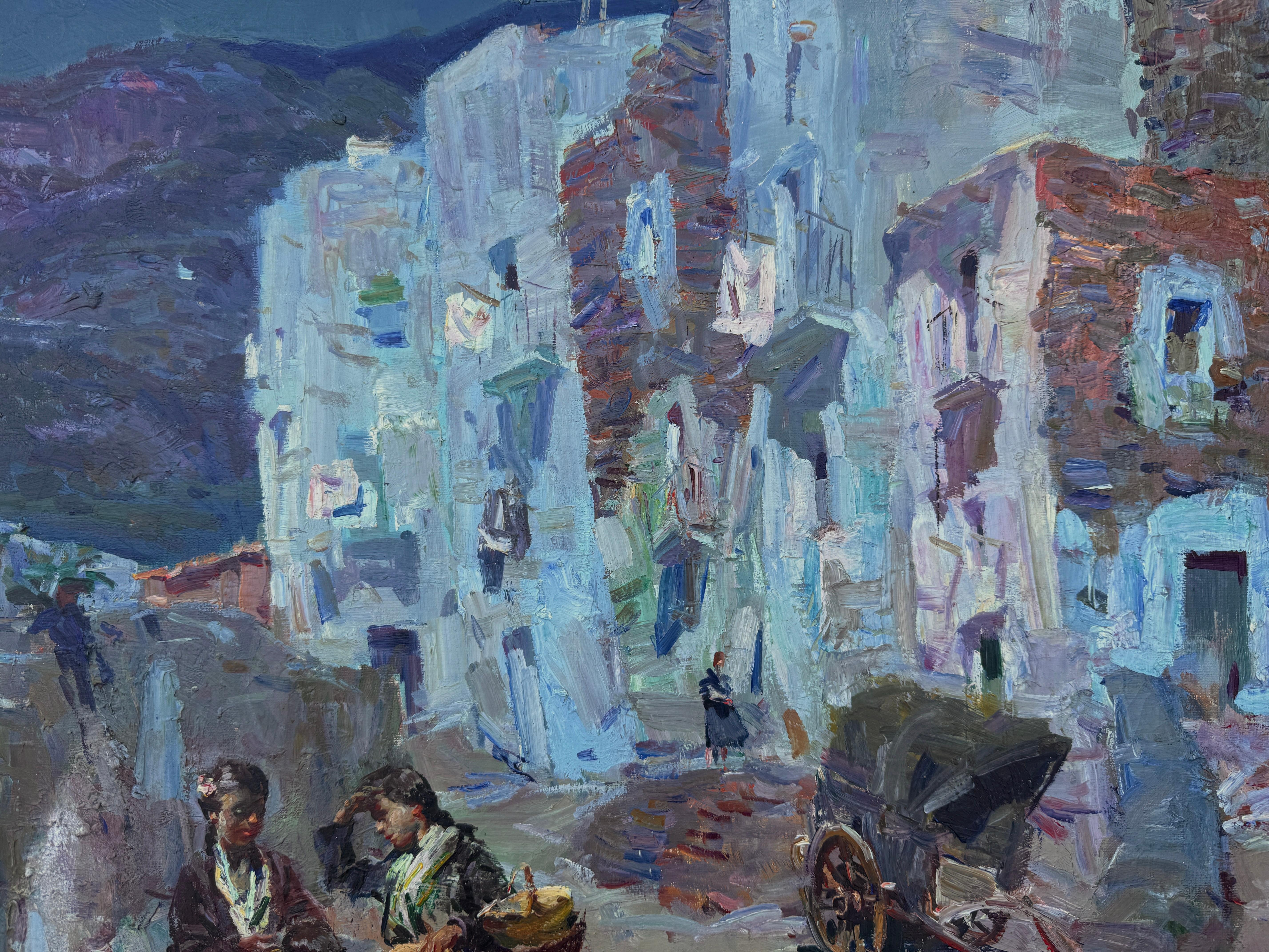 Straßenszene mit Figuren Öl auf Leinwand Gemälde spanische Landschaft im Angebot 1