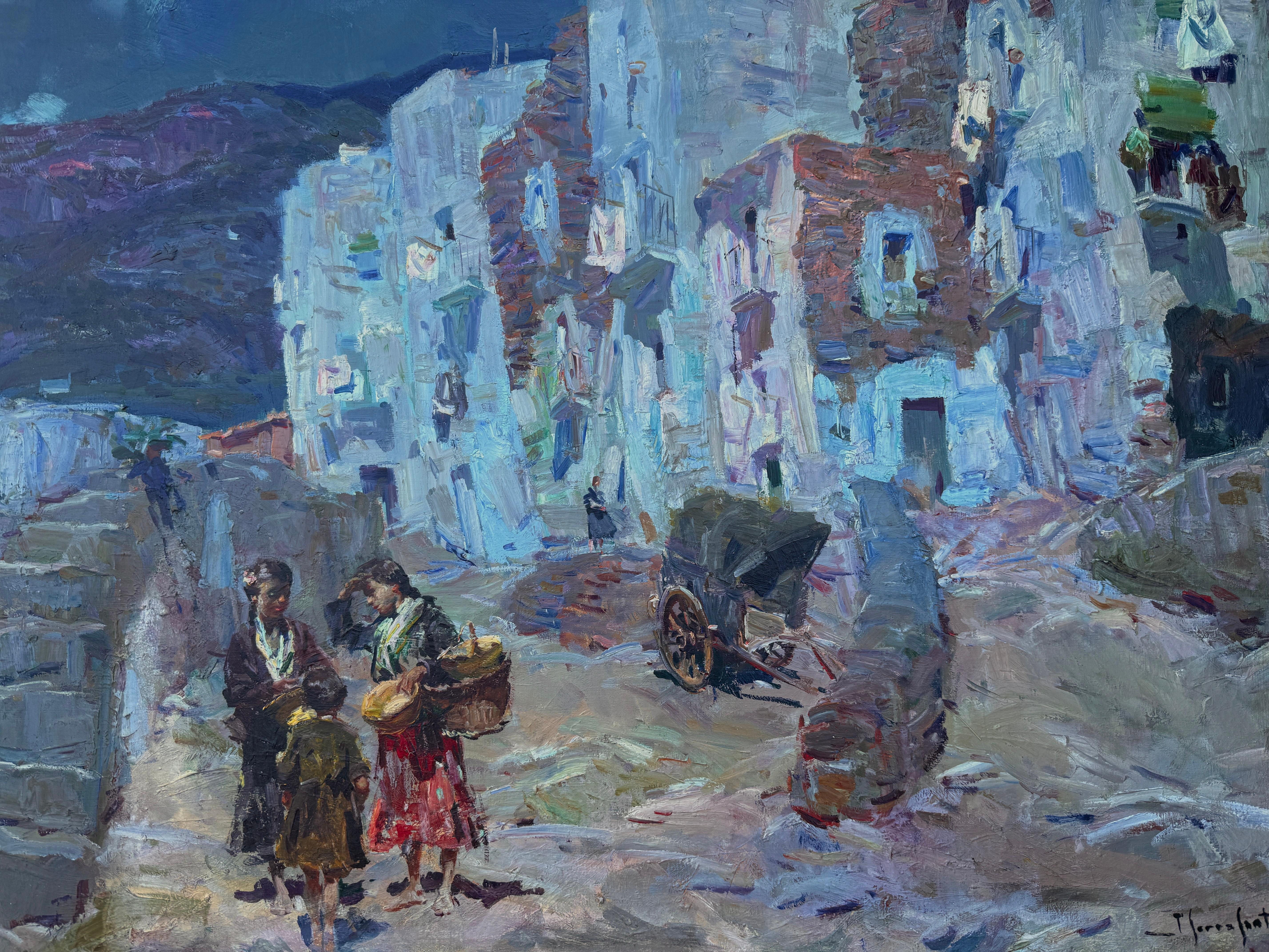 Straßenszene mit Figuren Öl auf Leinwand Gemälde spanische Landschaft im Angebot 2