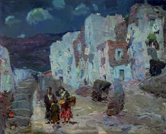 Escena callejera con figuras óleo sobre lienzo pintura paisaje español