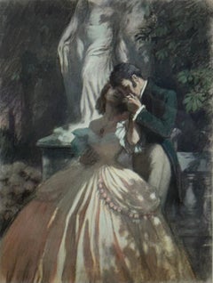 Romantic Scene Pastel Drawing Attributed to Josep Simont