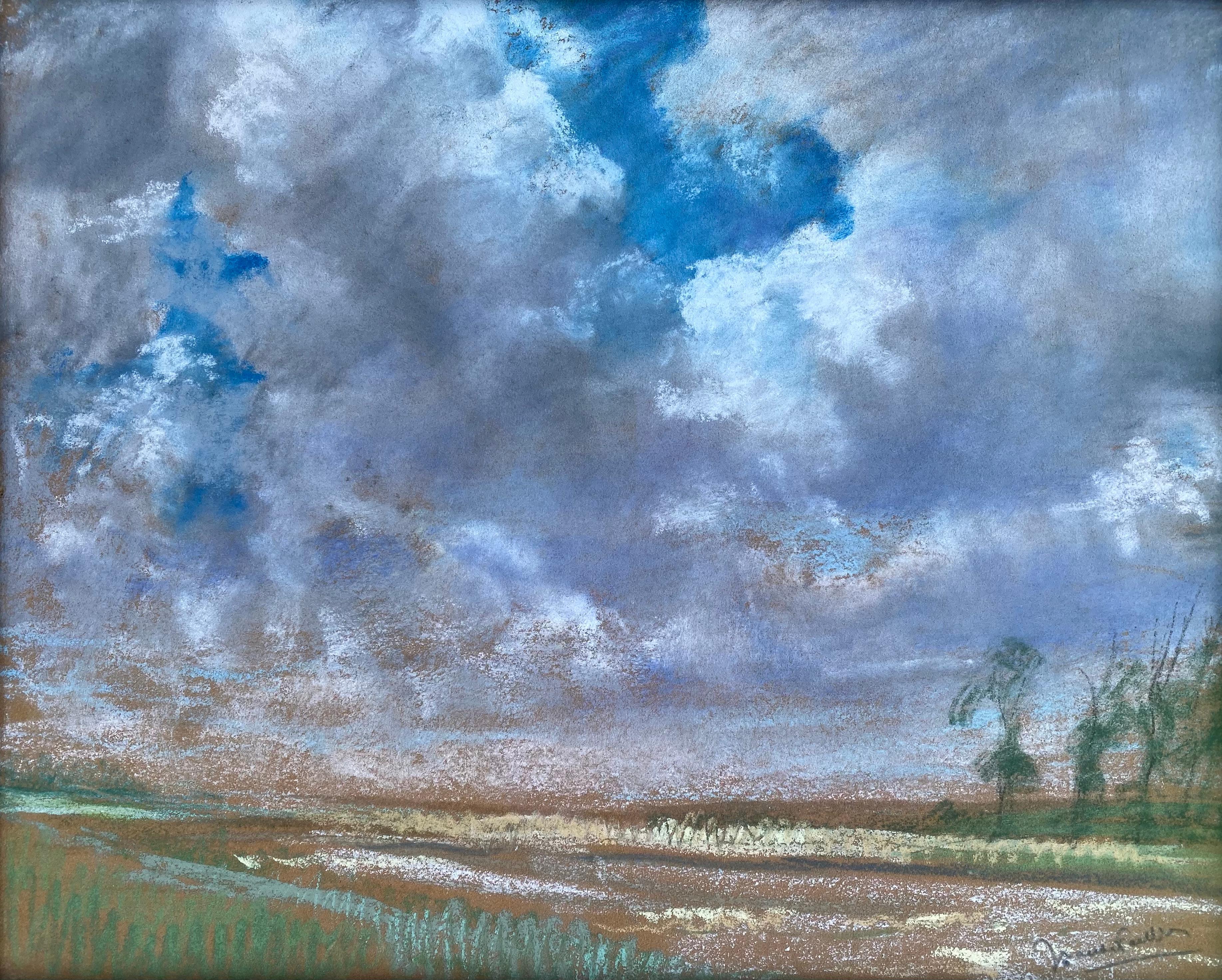 Joseph Vande Fackere, Bruges 1879 – 1946, Belgian Painter, Cloudy Fields, Pastel - Painting by Josep Vande Fackere