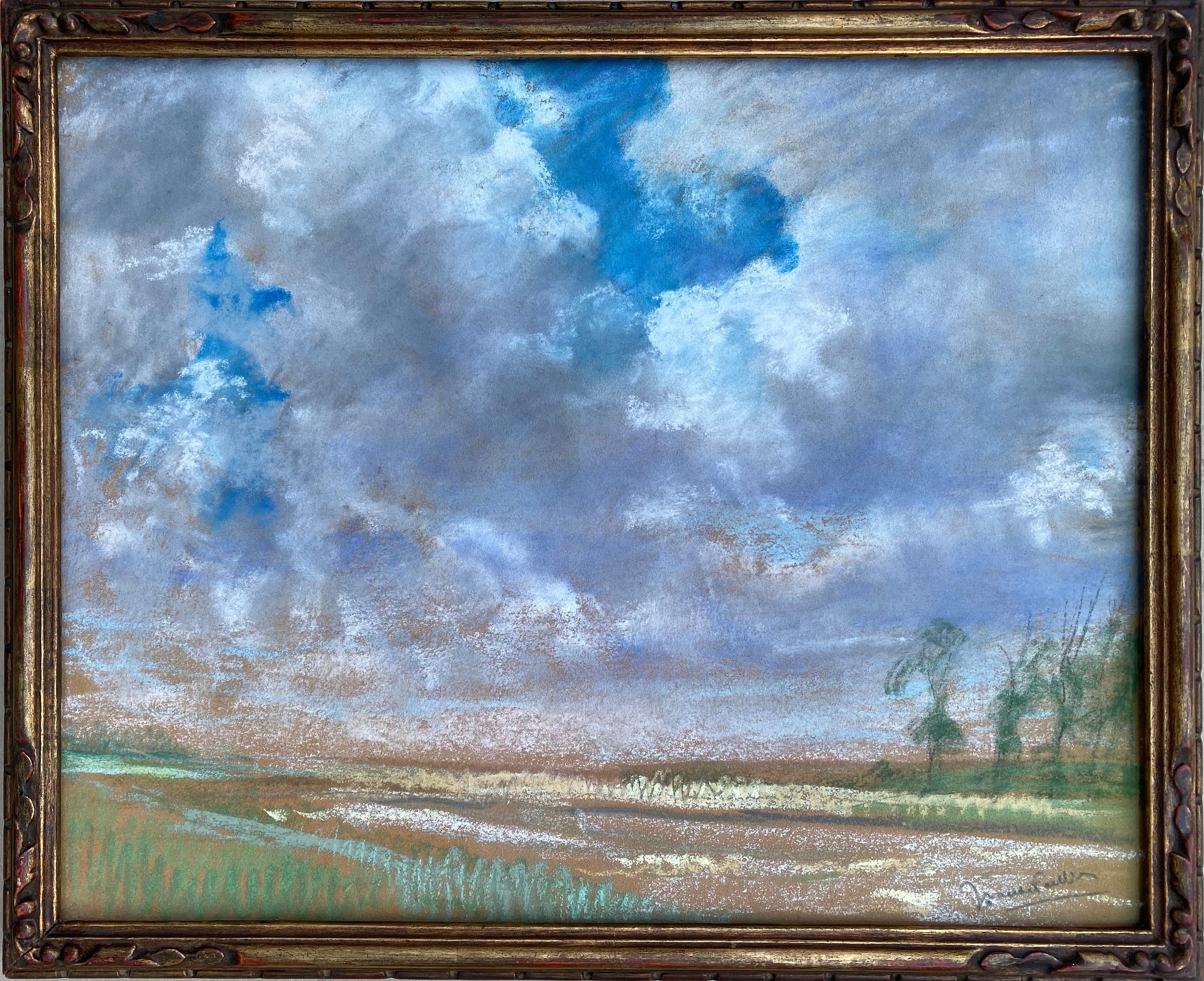 Joseph Vande Fackere, Bruges 1879 – 1946, Belgian Painter, Cloudy Fields, Pastel