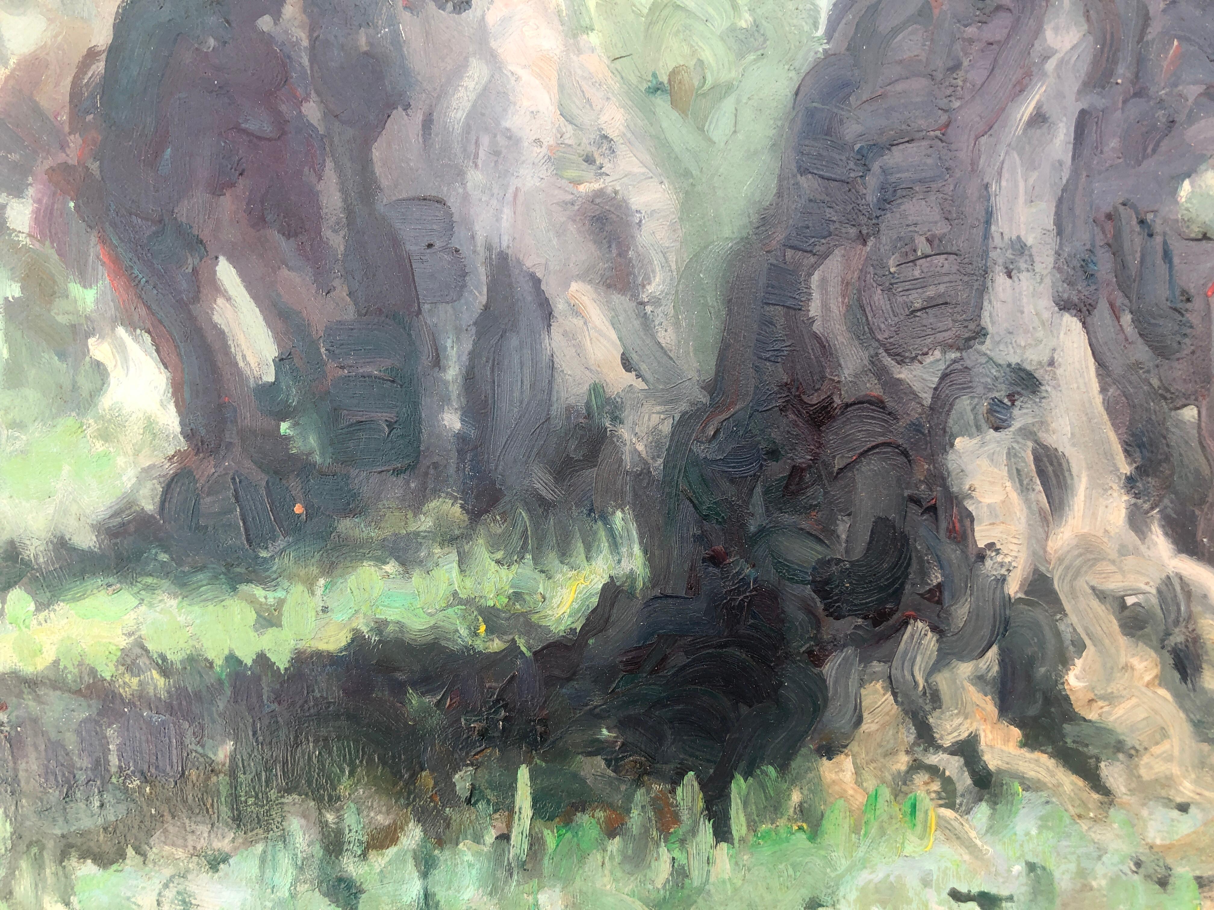 Olive trees Soller Mallorca Spain oil on board painting spanish landscape - Gray Landscape Painting by Josep Ventosa Domenech