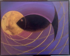 Night fishing oil on board painting surrealist