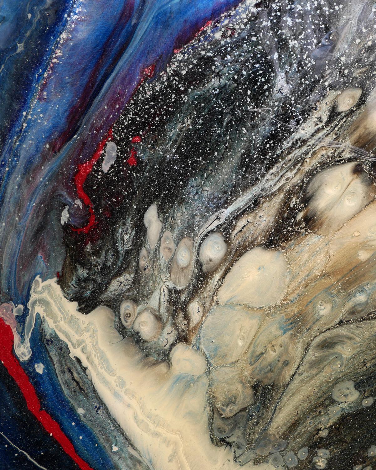 Blue, White, Black, and Red Abstract Marble Patterned Longitudinal Painting  For Sale 8
