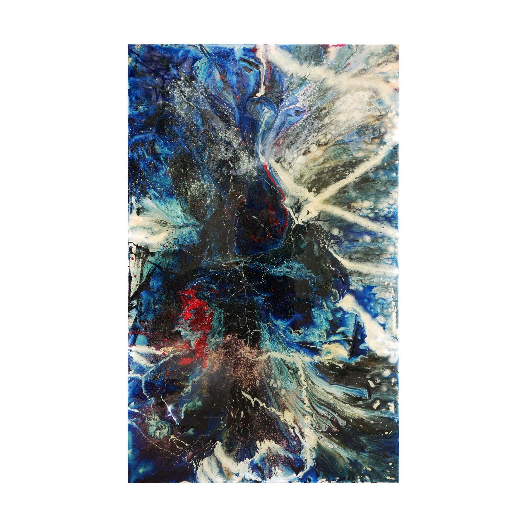 Blue, black, white, and red abstract expressionist painting by artist 