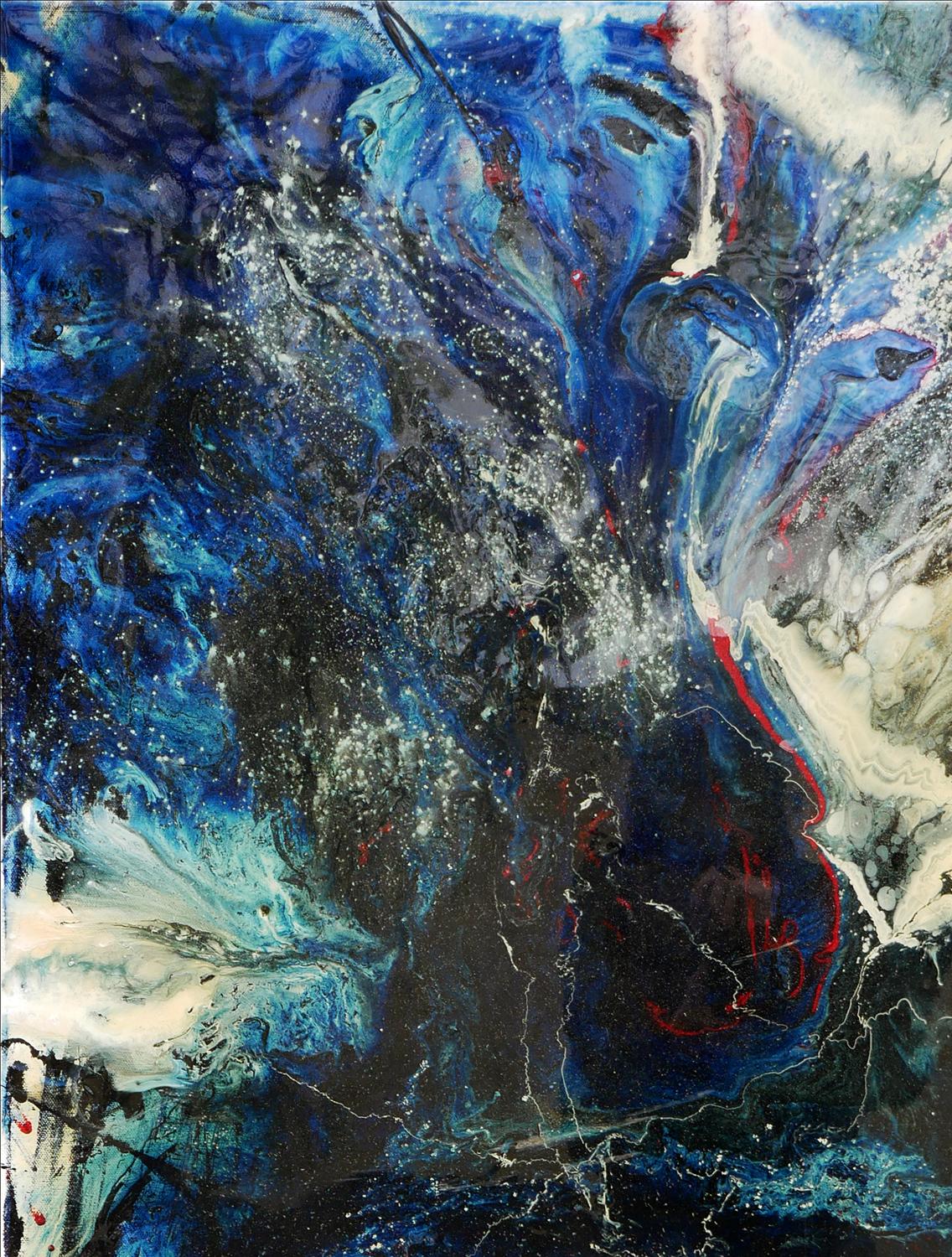 Blue, White, Black, and Red Abstract Marble Patterned Longitudinal Painting  For Sale 1