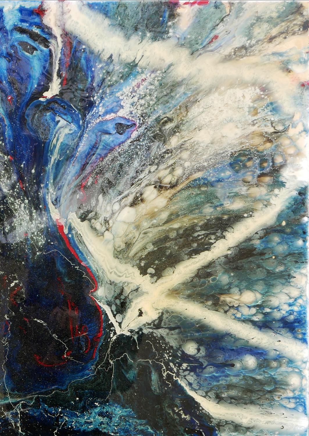 Blue, White, Black, and Red Abstract Marble Patterned Longitudinal Painting  For Sale 2