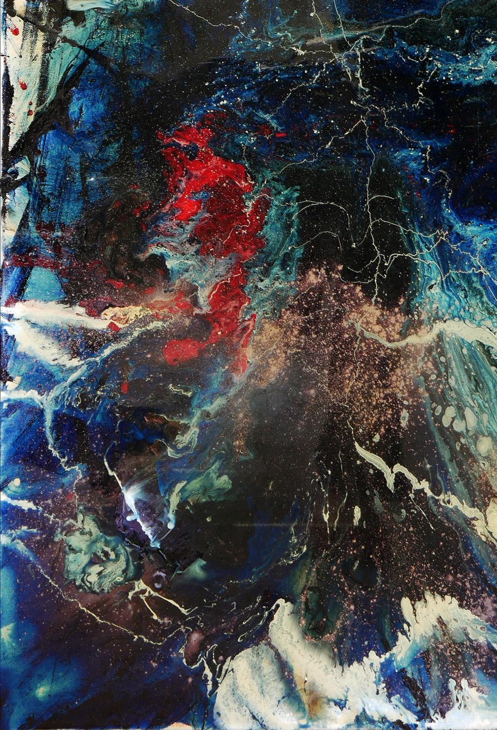 Blue, White, Black, and Red Abstract Marble Patterned Longitudinal Painting  For Sale 3