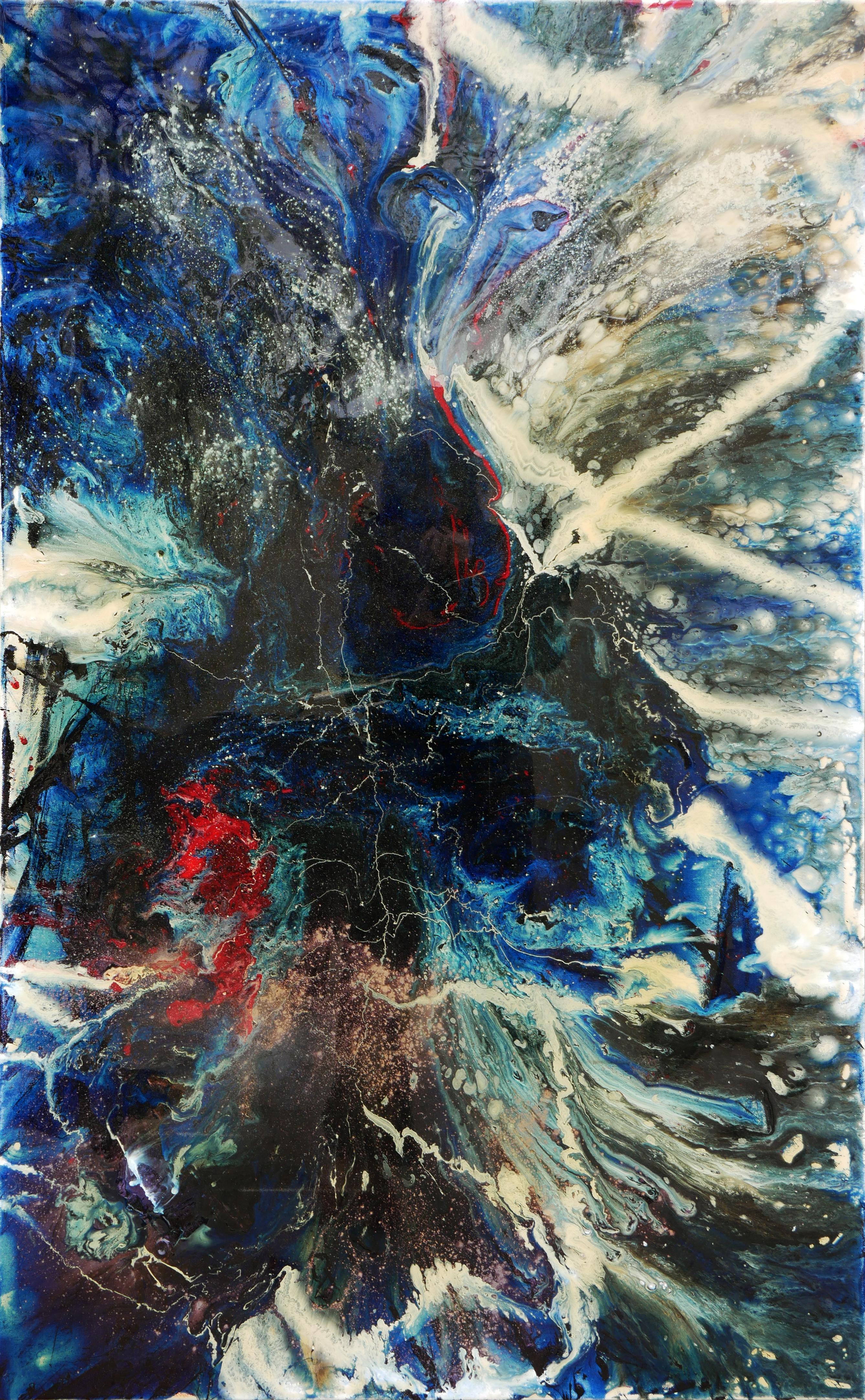 Joseph Abstract Painting - Blue, White, Black, and Red Abstract Marble Patterned Longitudinal Painting 