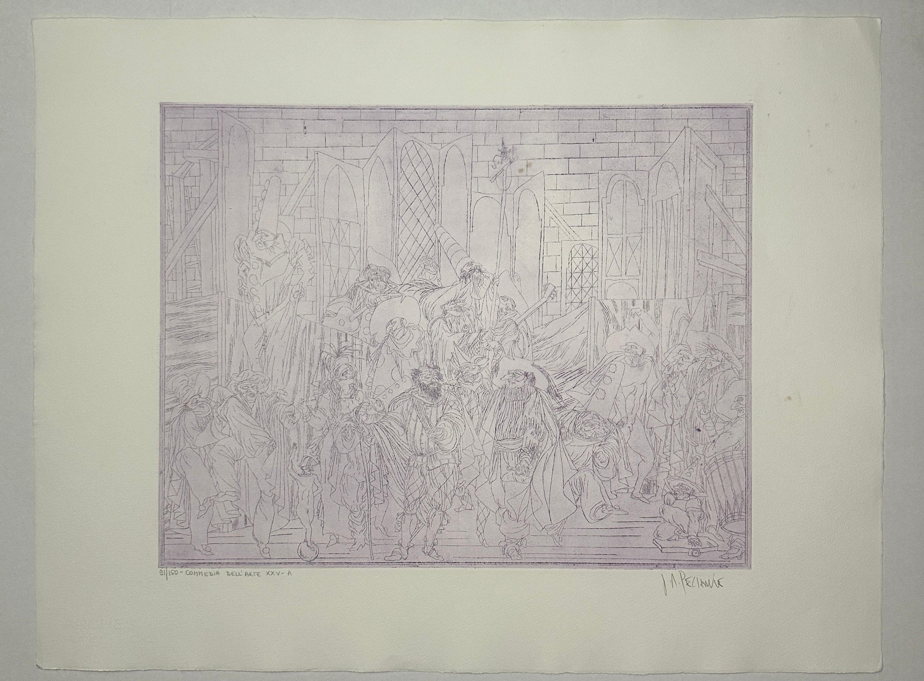 Joseph A. Pecsenke - Commedia Dell'Arte XXV-A 
Radierung in Farben
Dieses Werk ist signiert, nummeriert und am unteren Rand betitelt 
