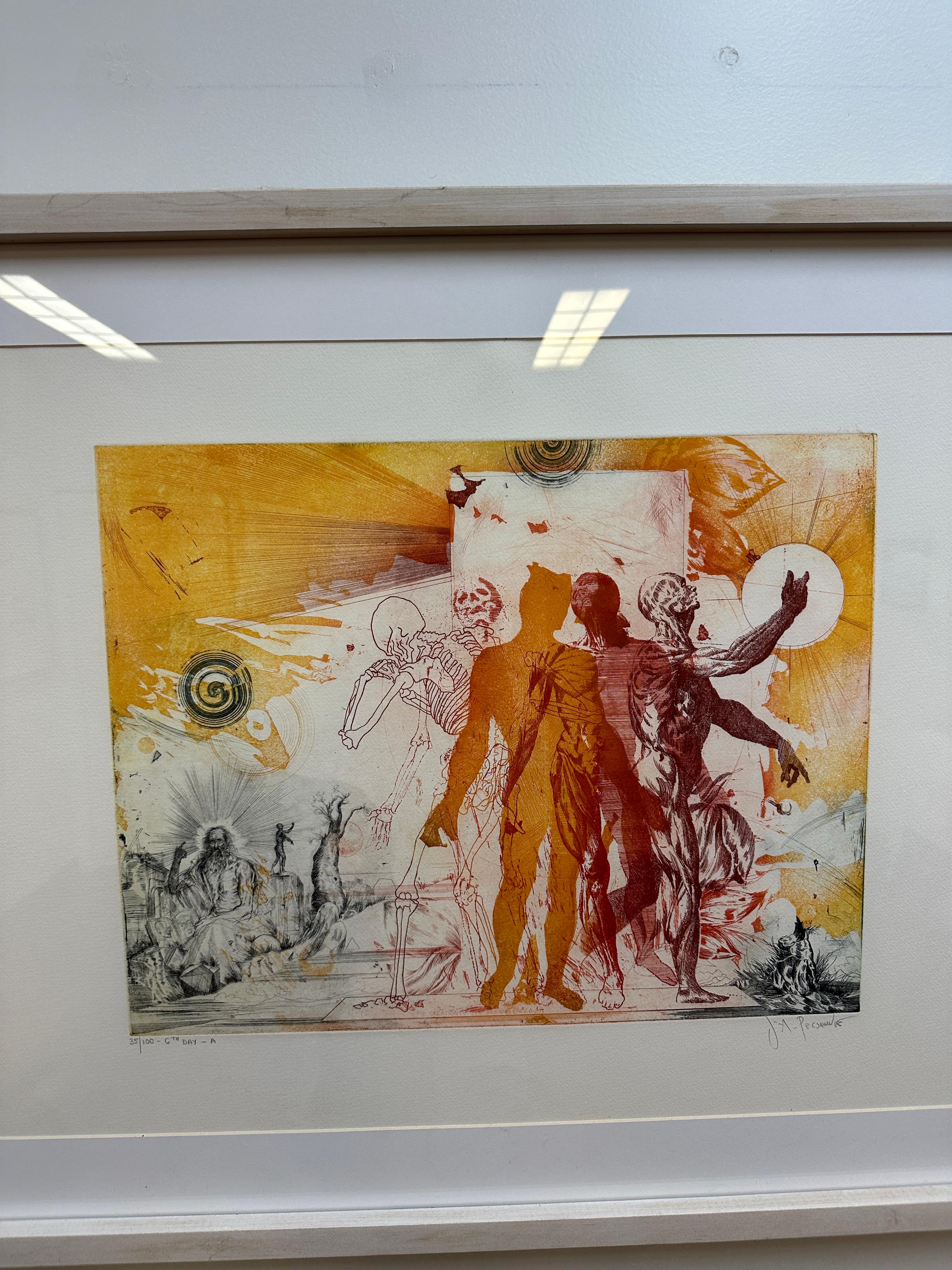 Pecsenke, Joseph A. was a theatre actor and artist / designer who came to the United States from Hungary in 1971. This is a beautiful aquatint and etching from his Creation series. This work is numbered and signed along lower edge: 35/100 - 6th Day
