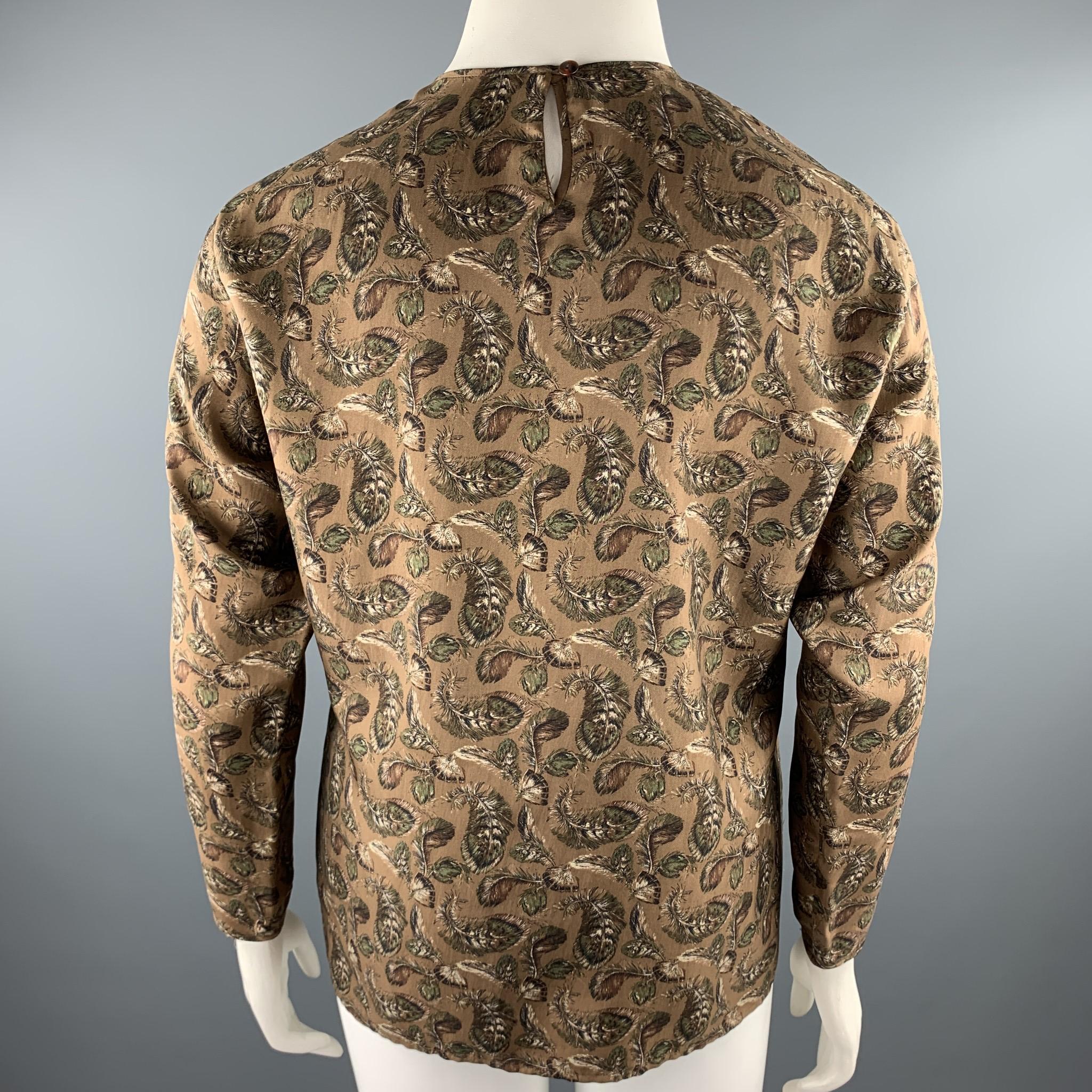 JOSEPH ABBOUD Size 12 Brown Feather Print Silk Blouse In Excellent Condition In San Francisco, CA
