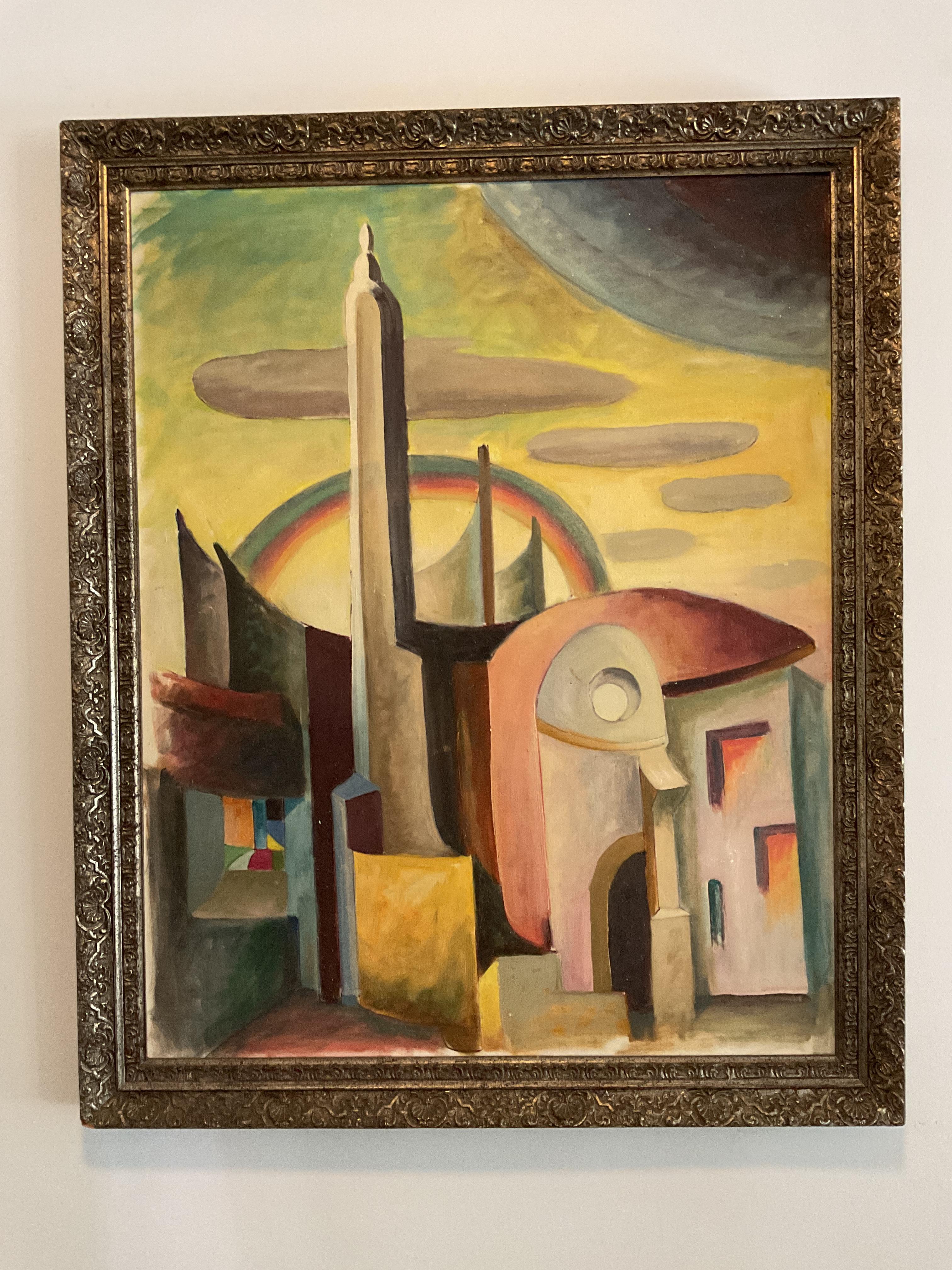 Like it’s listed companion piece, this is a late Art Deco/Moderne architectural painting with vibrant colors and bold composition. This work is untitled but features a whimsical and futurist metropolis.  The oil on canvas measures 24” wide by 30”