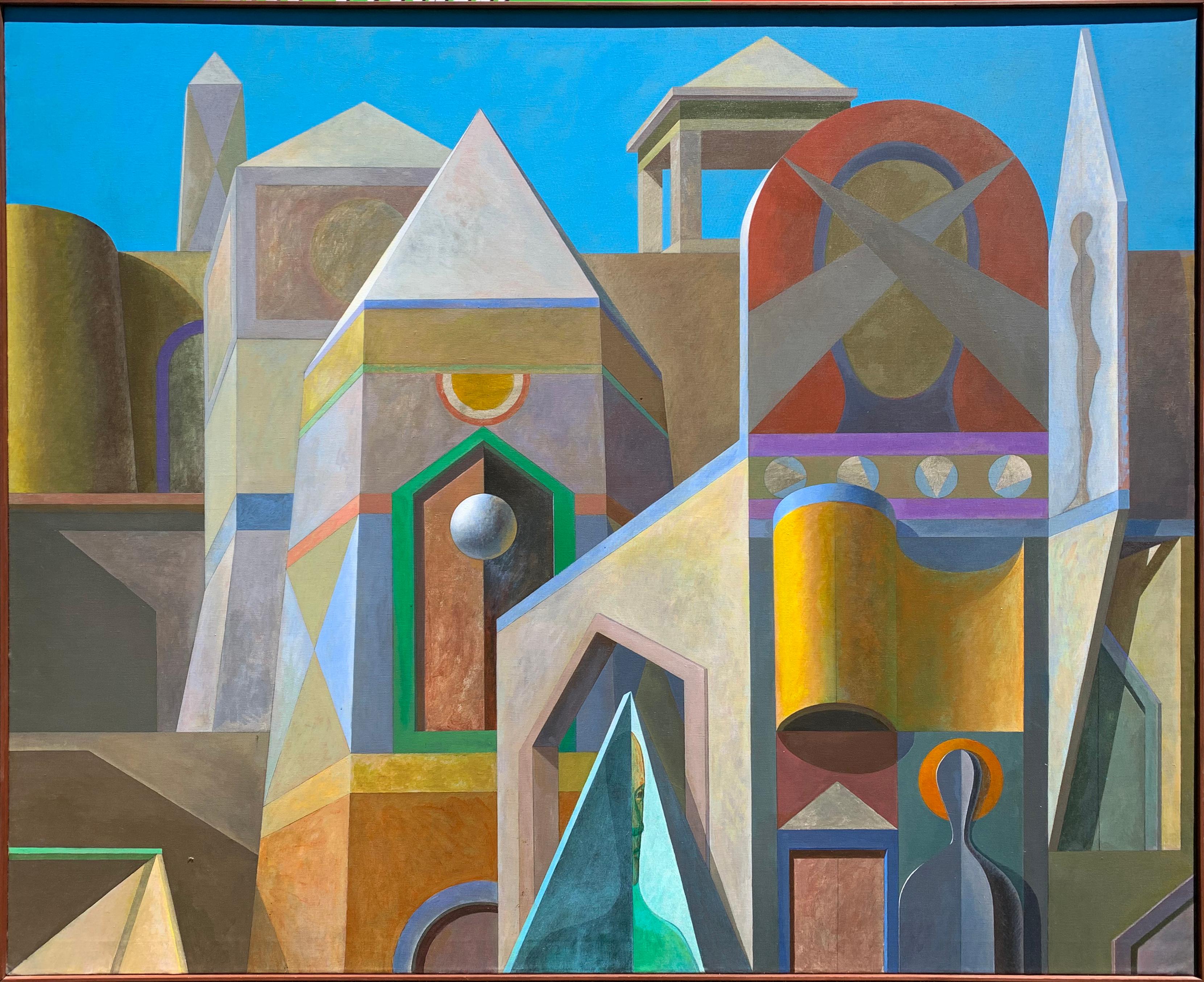 Architectural Abstract, Geometric Forms in Color, Modernist Mural, Oil on Canvas - Painting by Joseph Amarotico