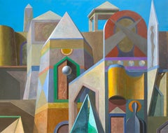 Architectural Abstract, Geometric Forms in Color, Modernist Mural, Oil on Canvas