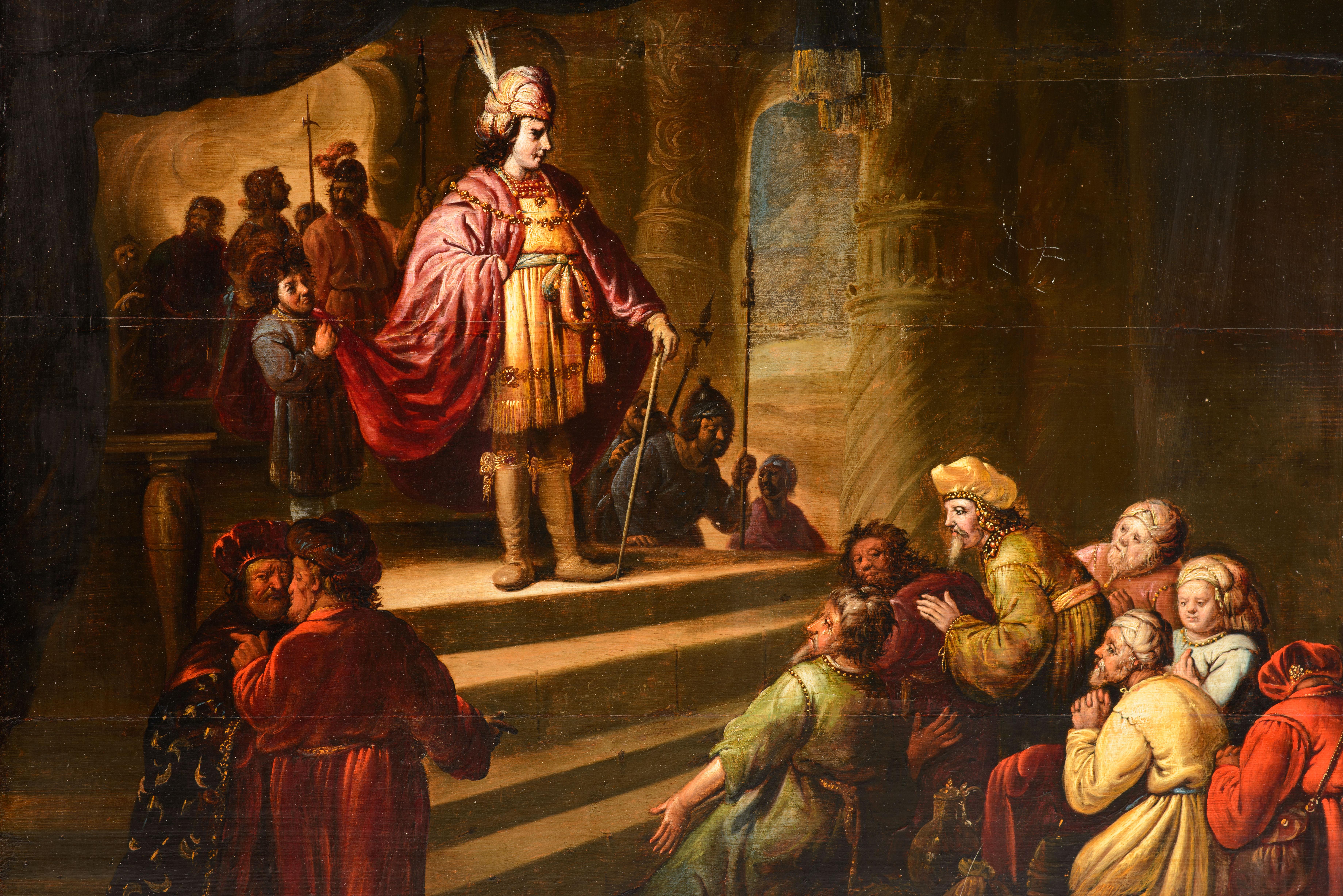  Joseph and his brothers. Oil on canvas. Dutch school, based on models by Andriaen Verdoel (Flesingen, circa 1620-1675). 
Some damages.
Oil on canvas depicting a figurative scene in a palace interior, with two openings to the landscape through two