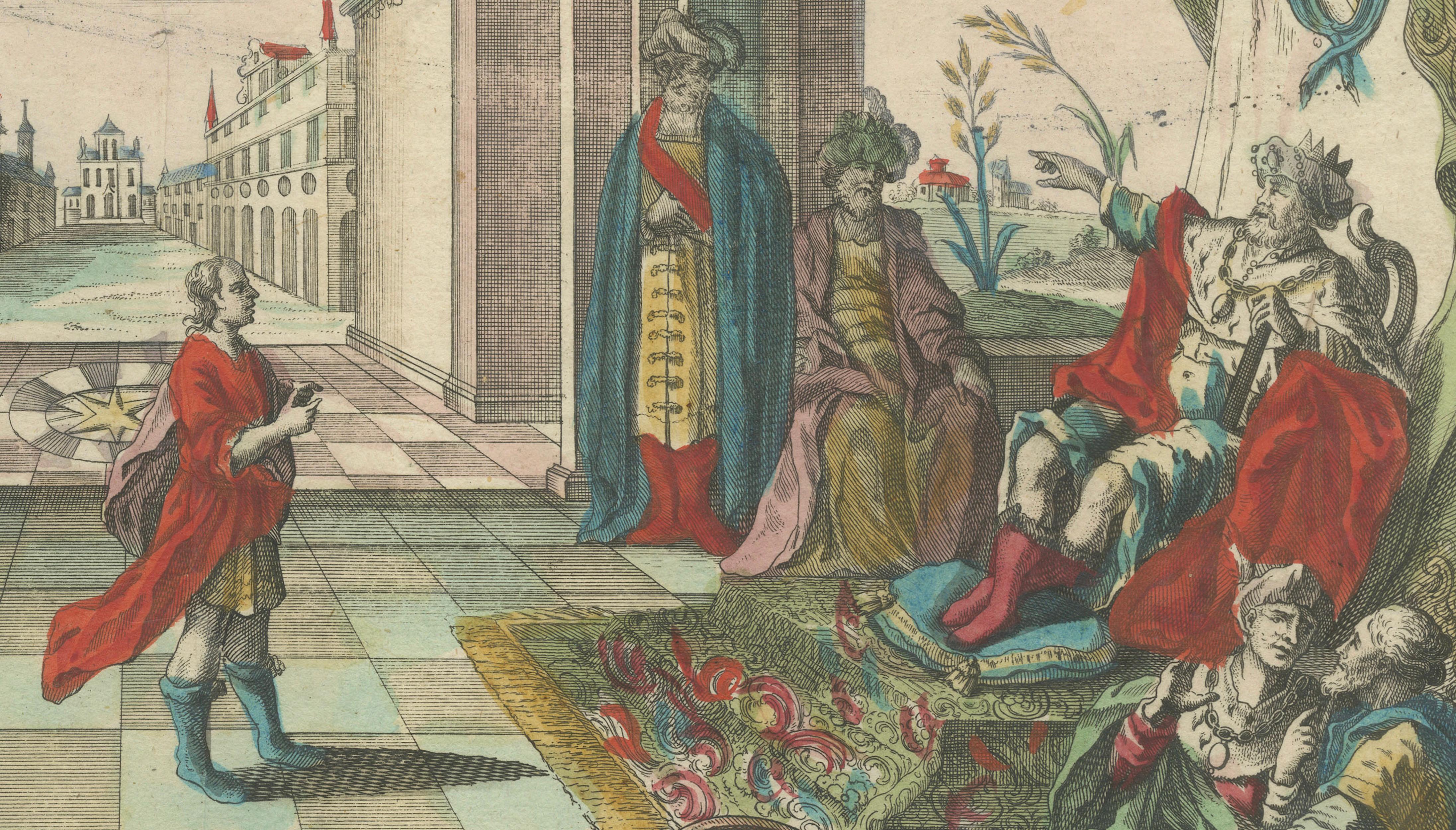 Optical Print of Joseph Interpreting Pharaoh’s Dreams, circa 1770 – Hand-Colored Vue d’Optique by Georg Balthasar Probst

This impressive hand-colored *vue d’optique*, titled 