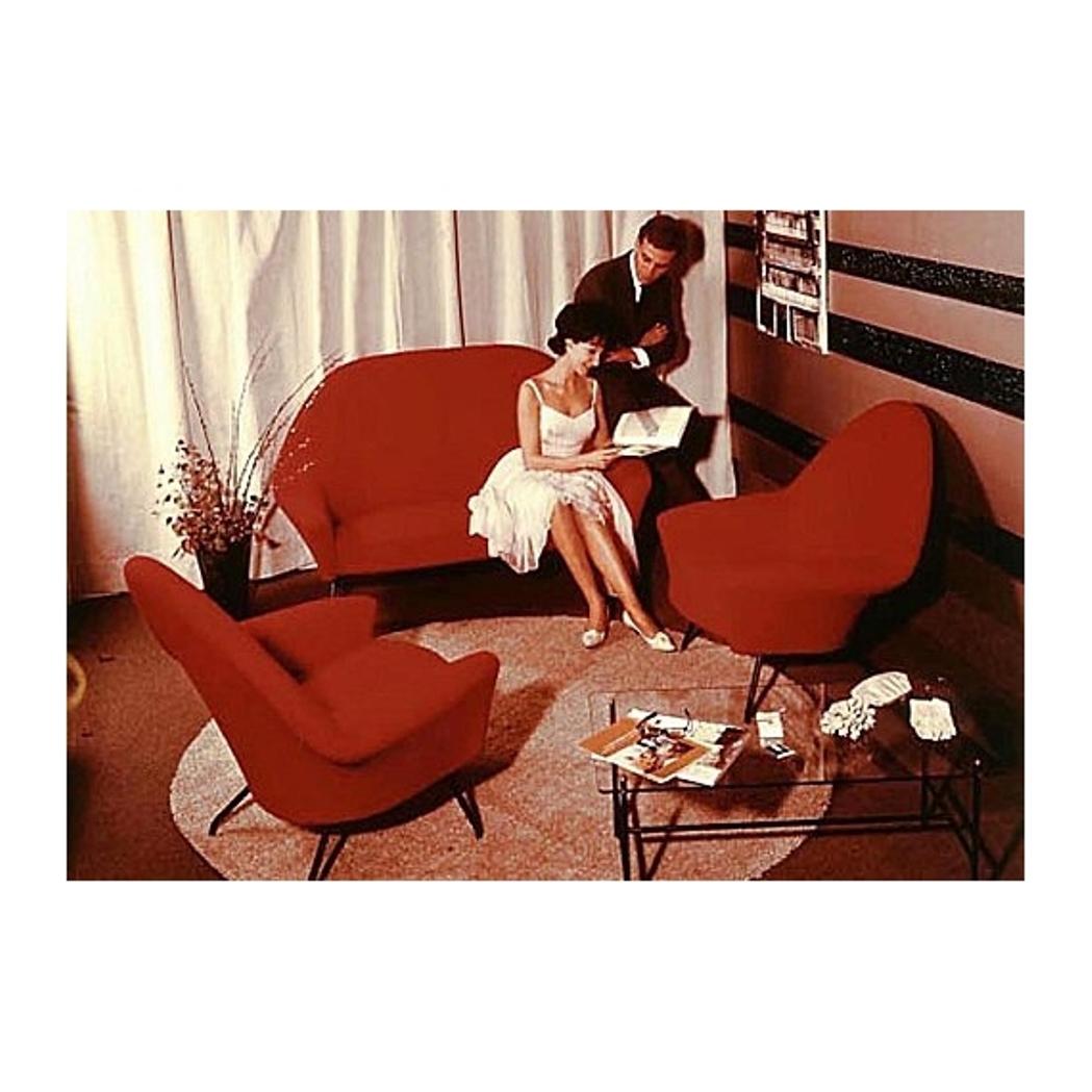 Rare  and beautiful  early examples of  the  1958  '770' lounge set  by famed French designer Joseph Andre Motte for the French company 'Steiner' . The set comprises of a pair of lounge chairs with the rare matching two seat sofa/love seat.

We have