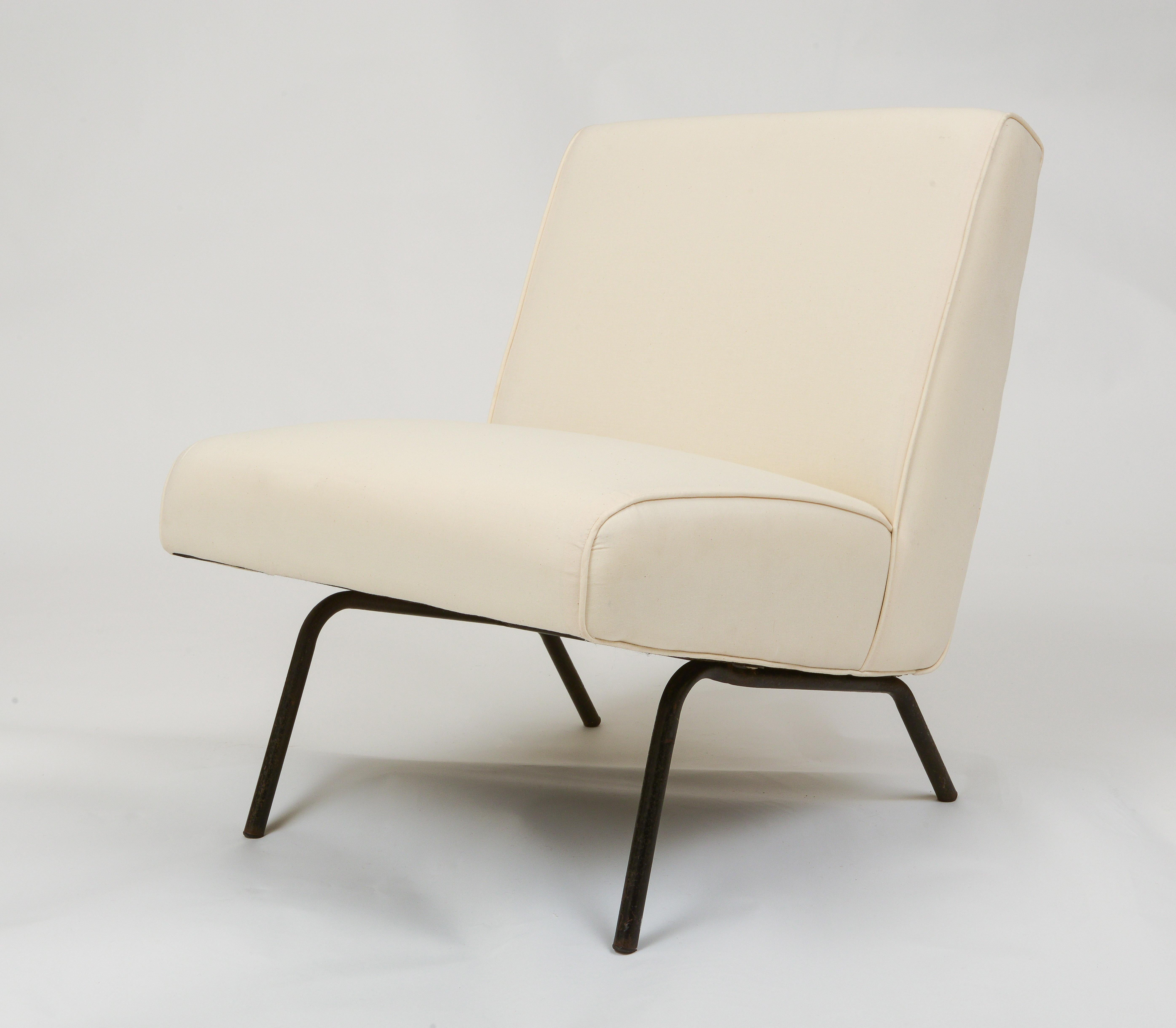 French Joseph Andre Motte Pair White Chairs with Iron Legs, France, 1960