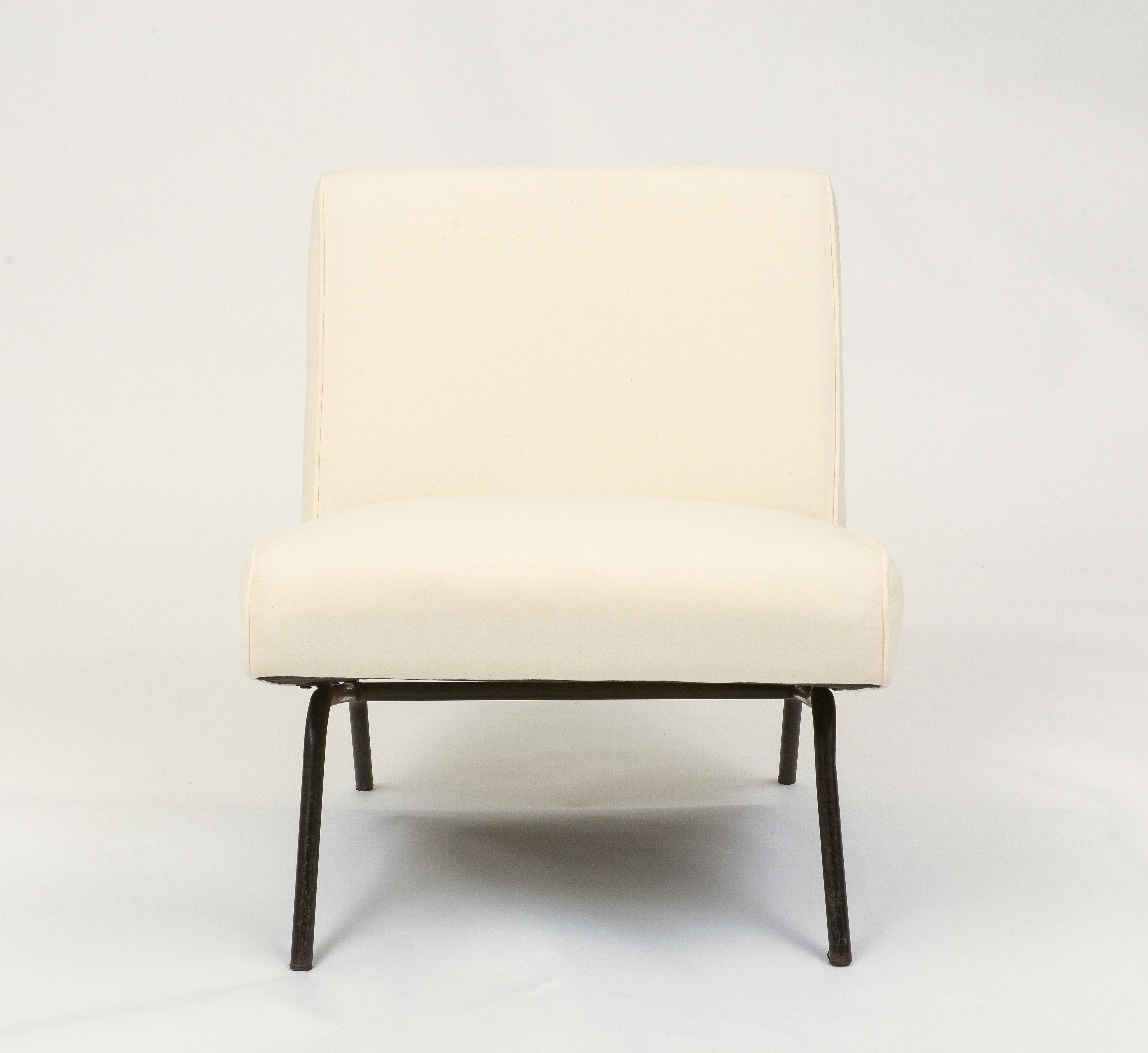 20th Century Joseph Andre Motte Pair White Chairs with Iron Legs, France, 1960